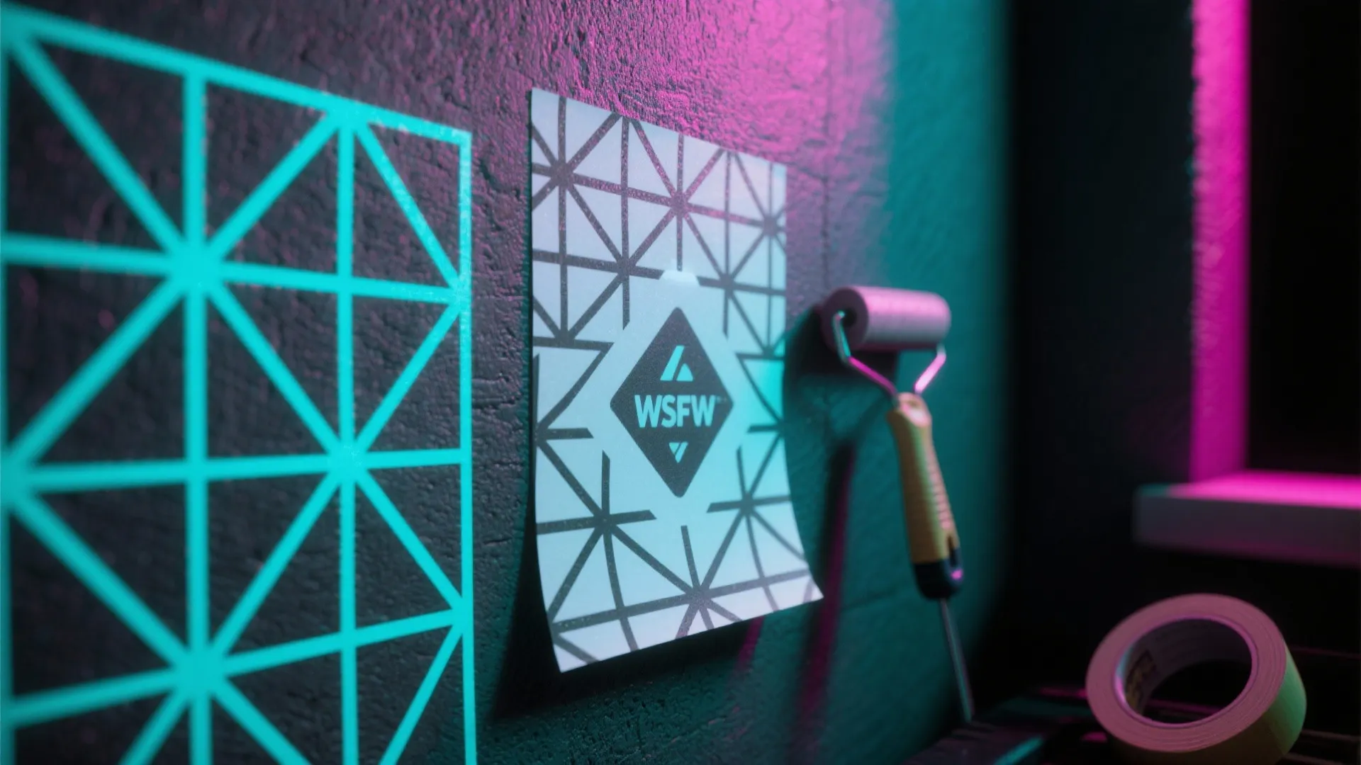 Geometric pattern stickers on a dark wall with a paint roller and pink neon light reflections