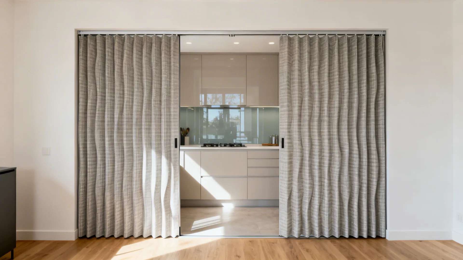 Sliding door with subtle patterned performance drapery on ripplefold tracks in a small kitchen.