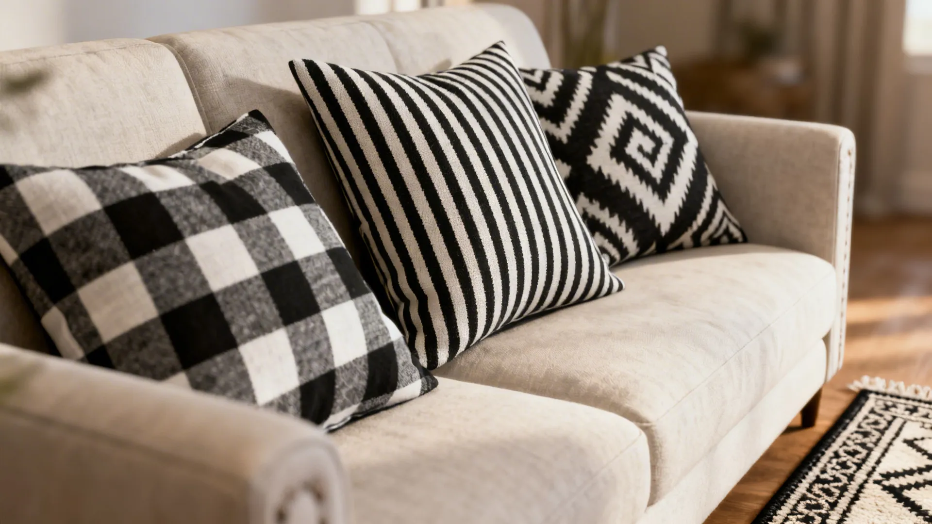 Black-and-white patterned pillows on a neutral sofa with a statement rug