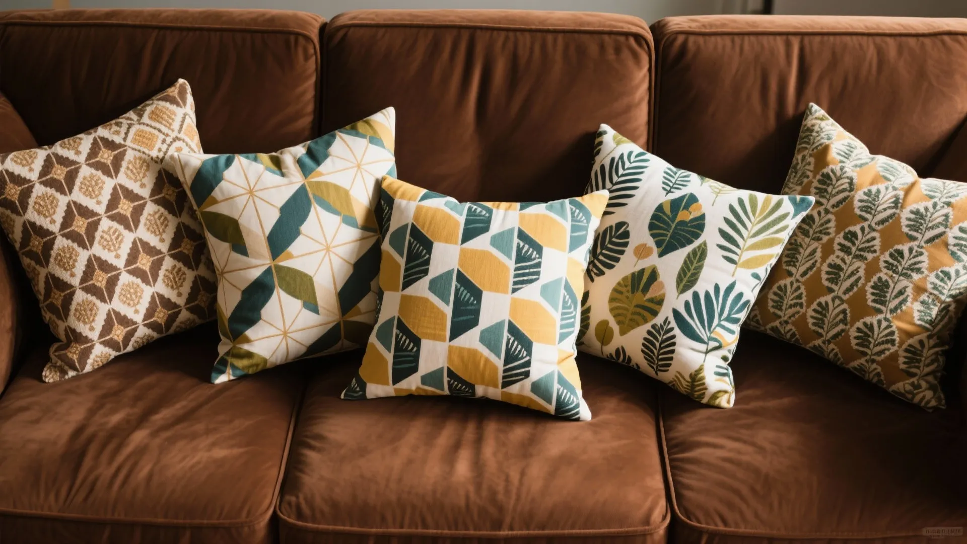 Colorful patterned pillows on a dark brown sofa