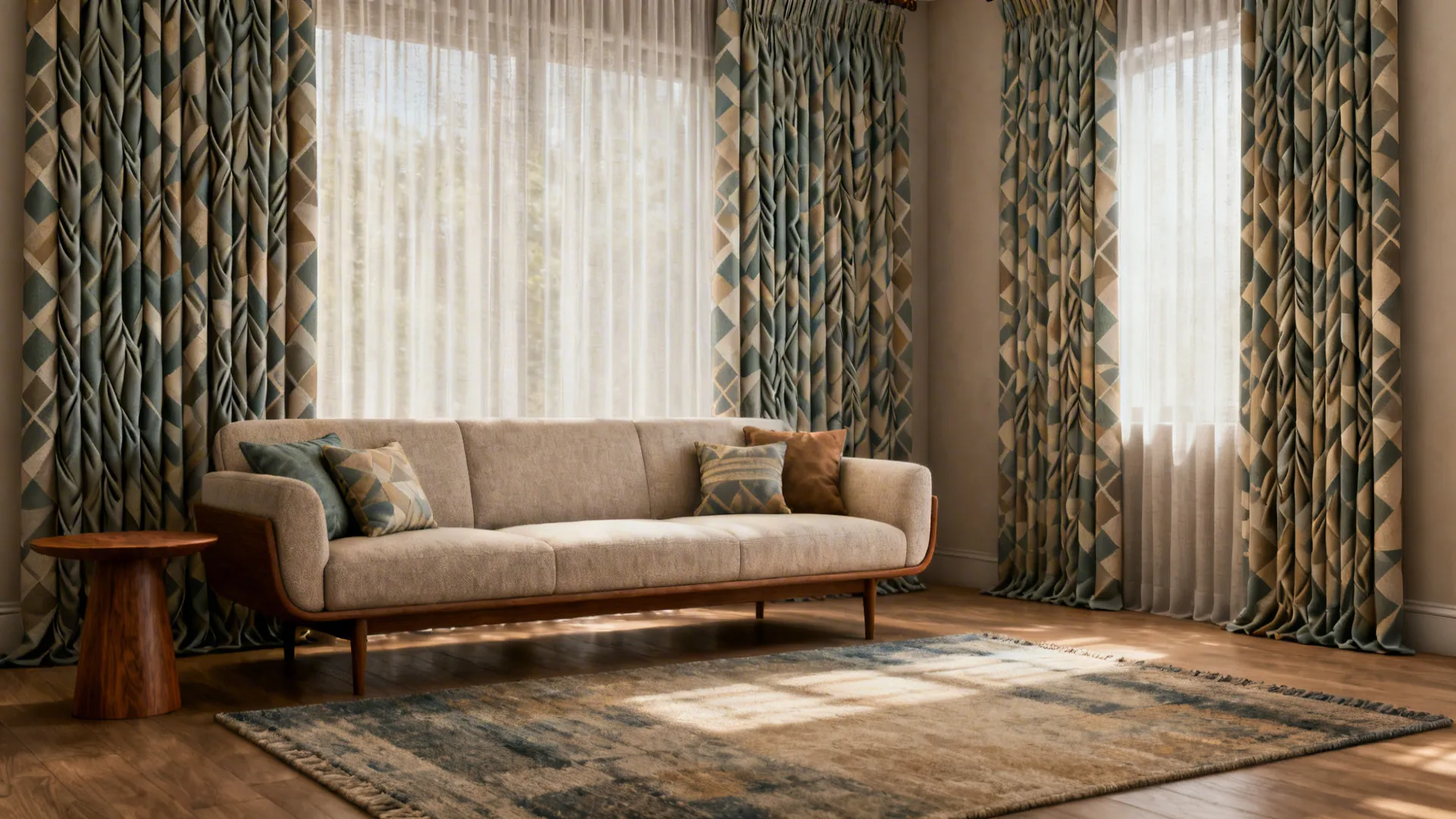 Modern living room with geometric patterned pinch pleat curtains anchoring the space.