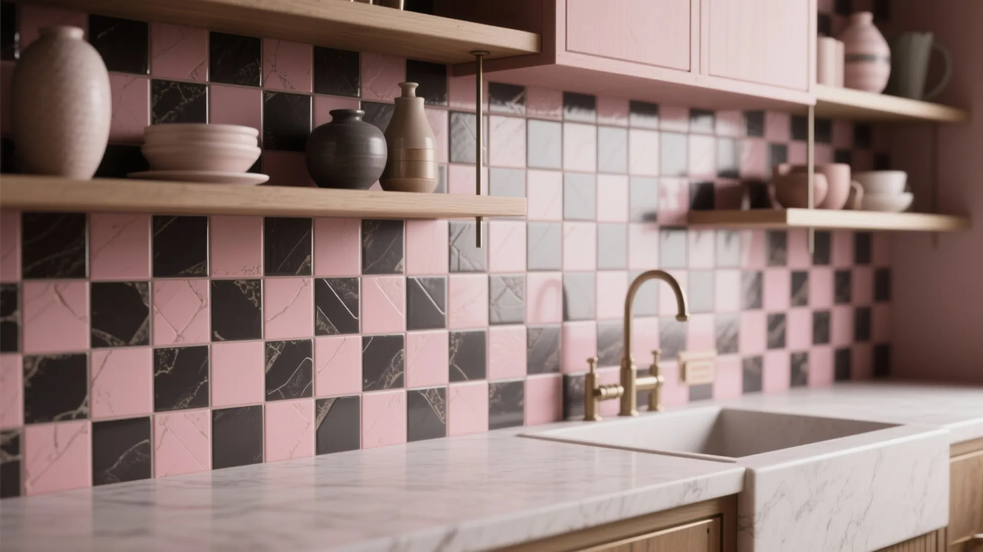 3. Patterned pink-and-black backsplash