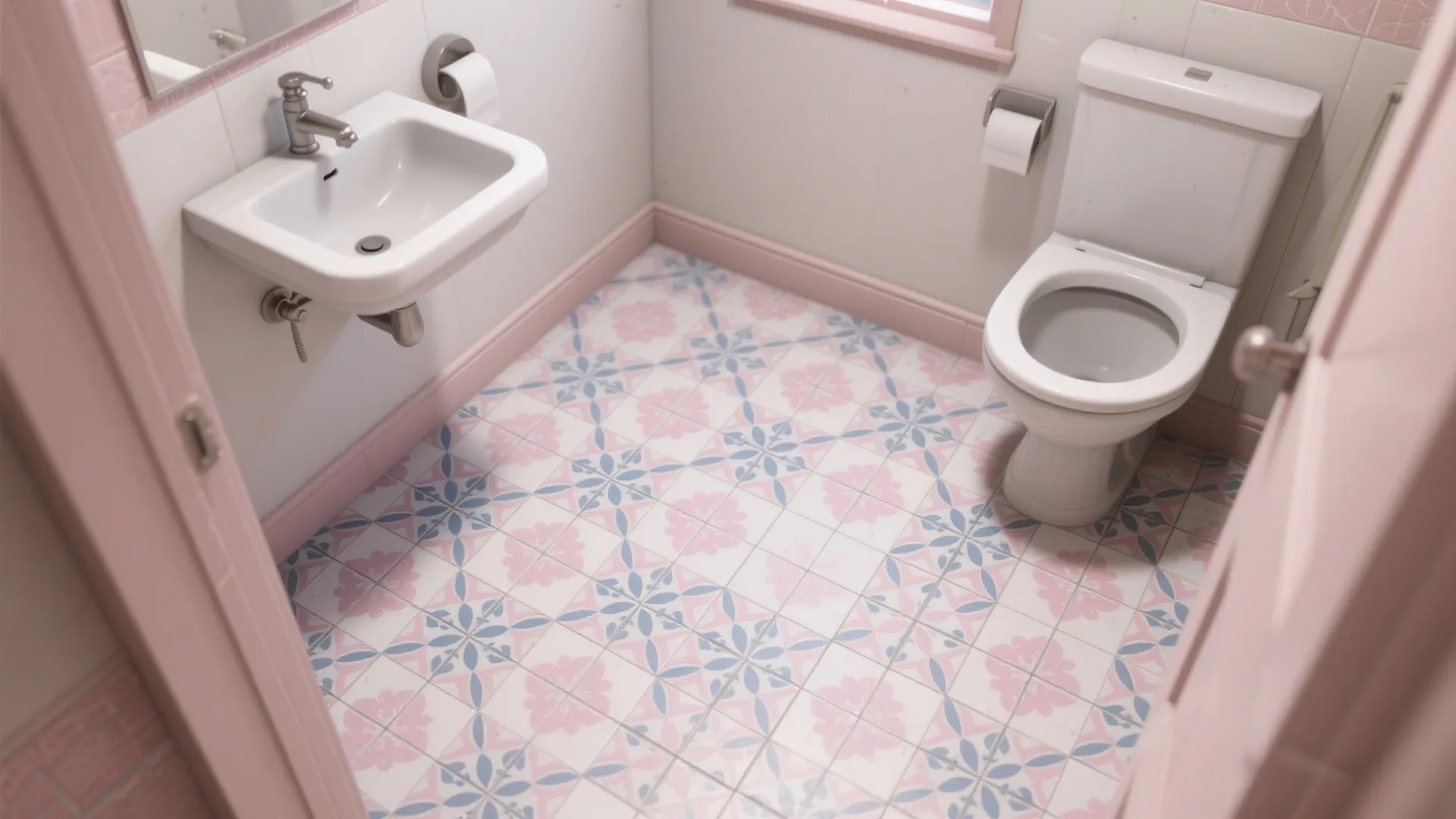 Pink bathroom interior with a white sink and toilet featuring patterned floor tiles and walls