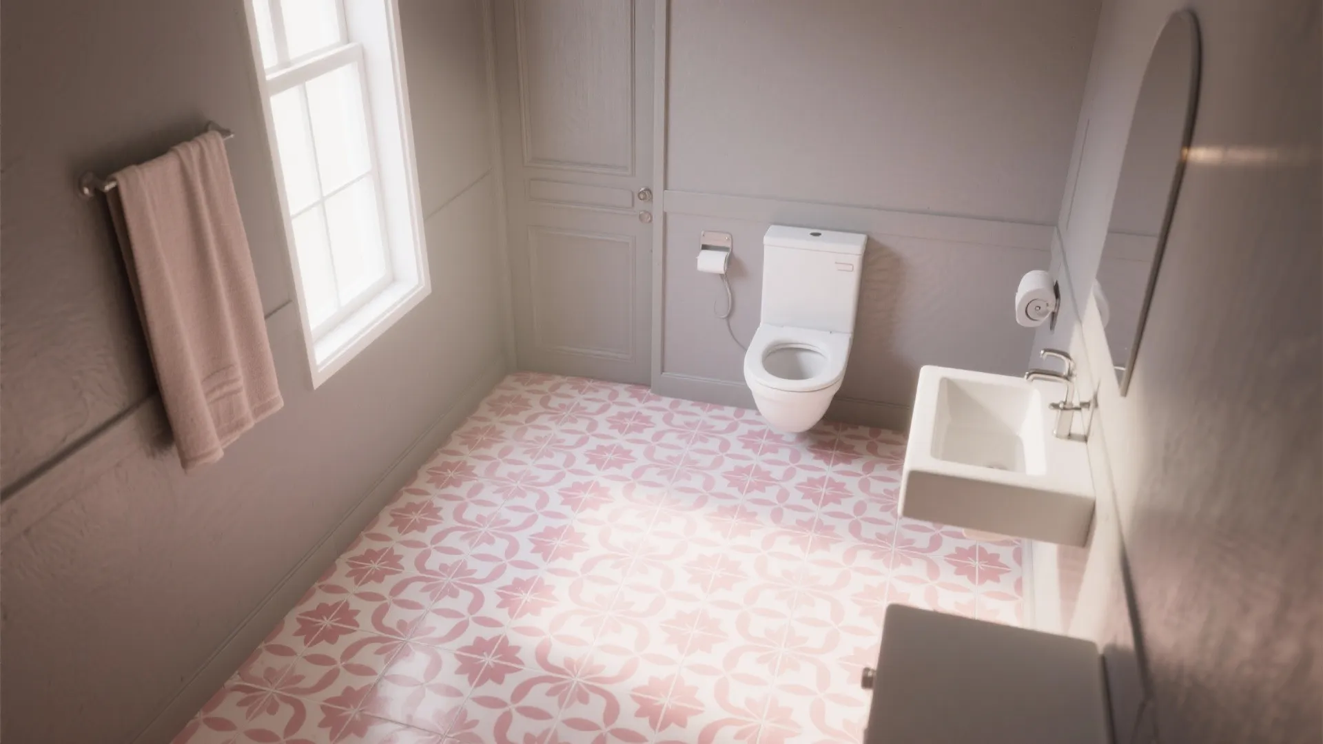3. Patterned Pink Floor + Solid Grey Walls