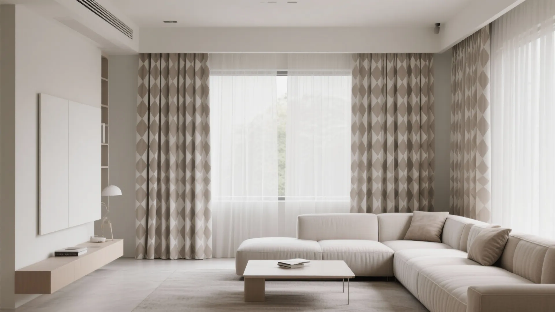 Minimalist living room with geometric patterned pleated drapes