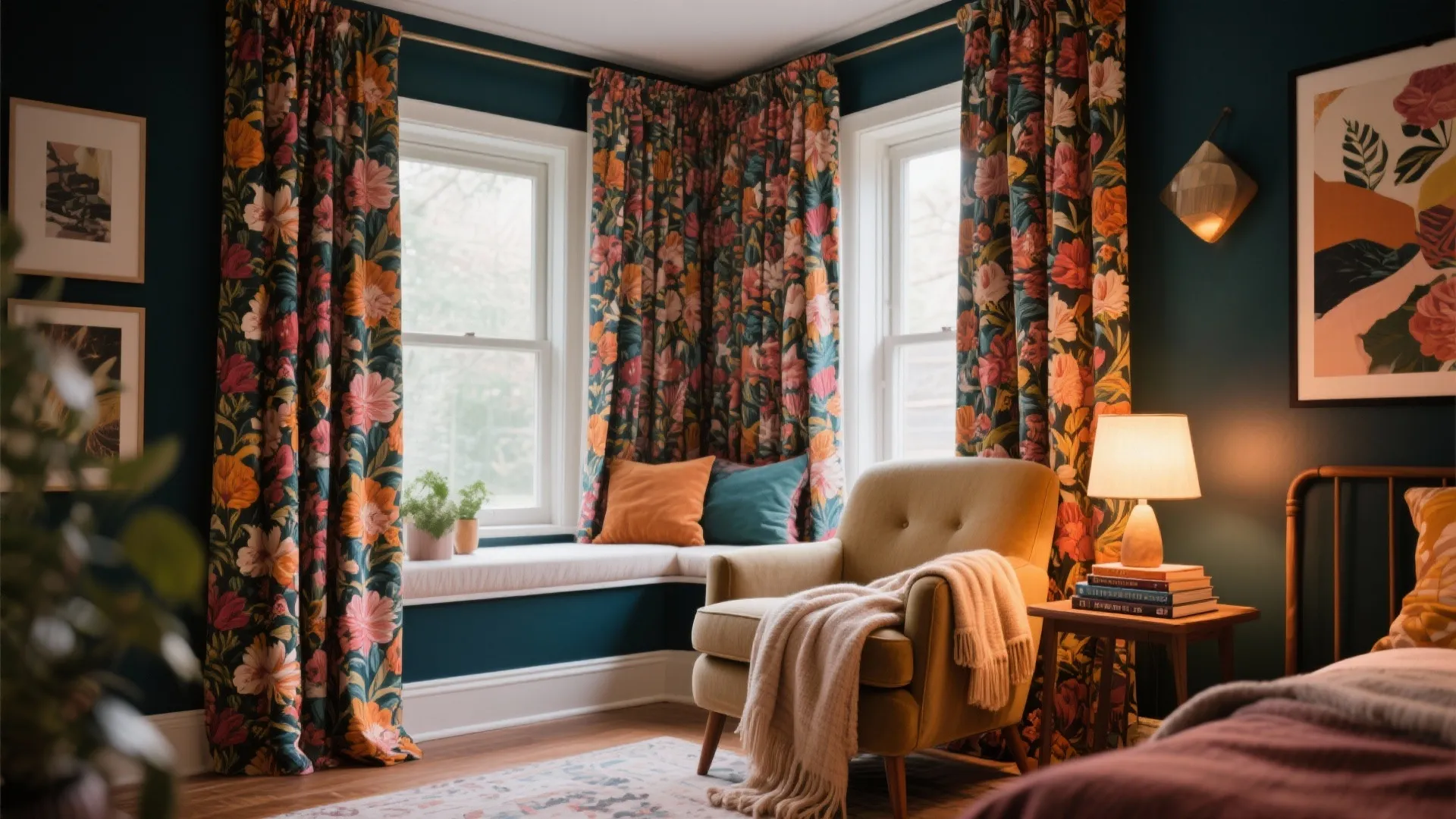 Bold floral pleated drapes in a cozy reading nook