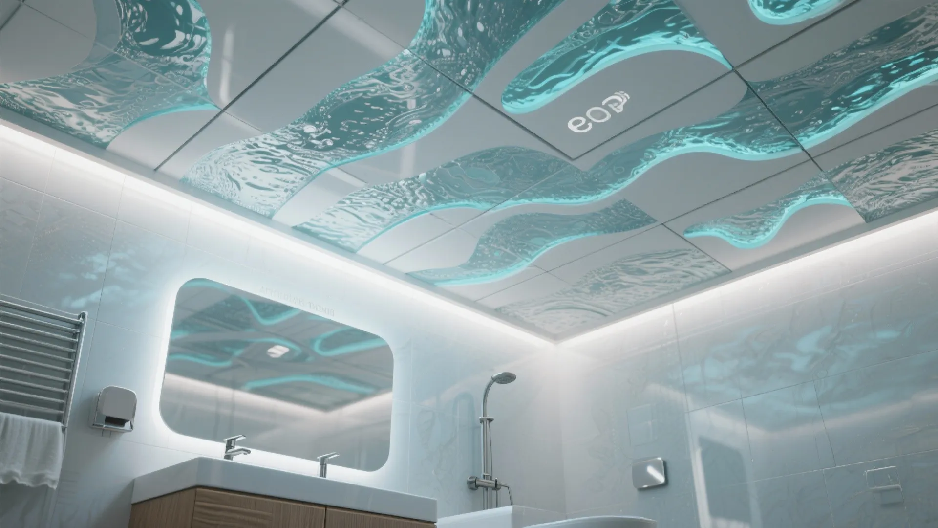 Modern bathroom with blue wavy water patterned ceiling panels and large glowing mirror and shower