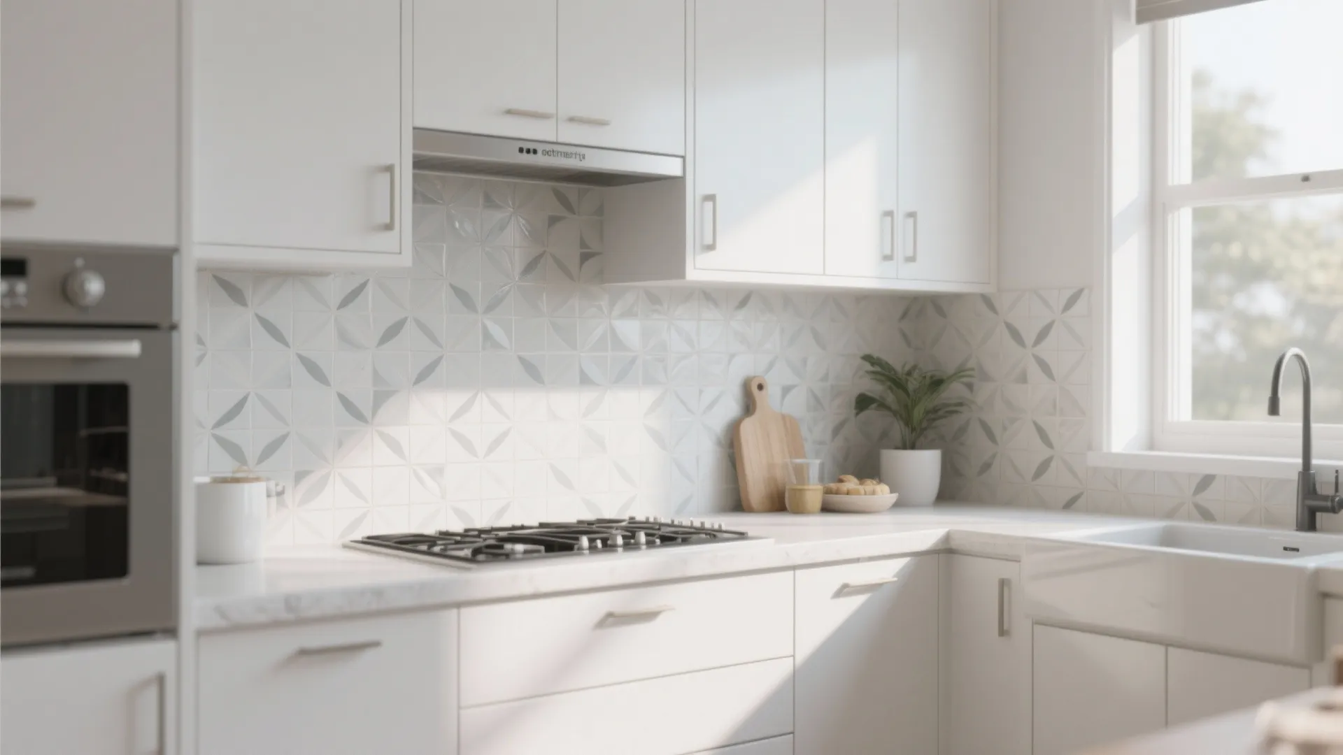 White kitchen with subtle patterned porcelain splashback