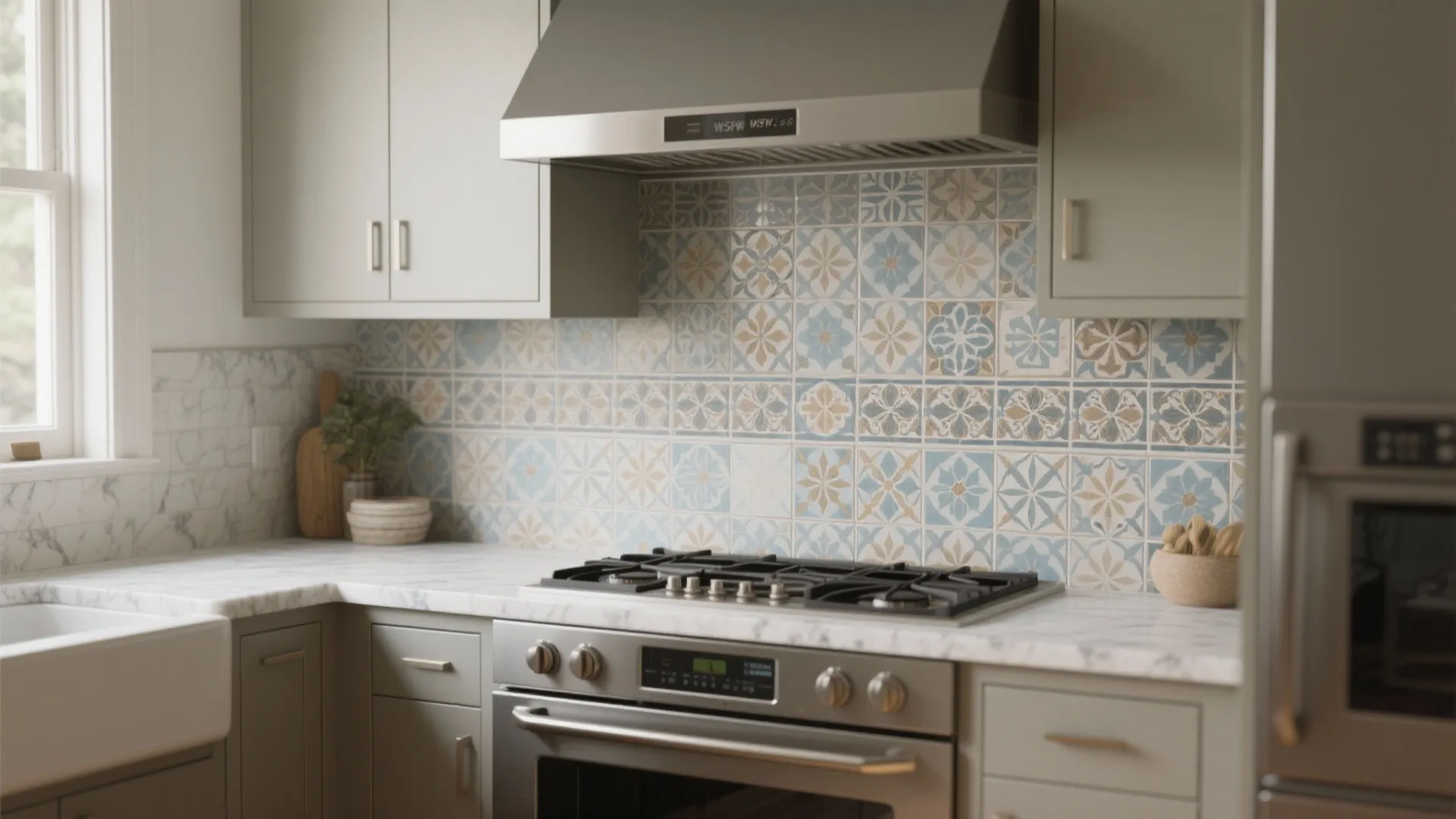 Kitchen with patterned blue and beige wall tiles grey cabinets marble counter top and stove