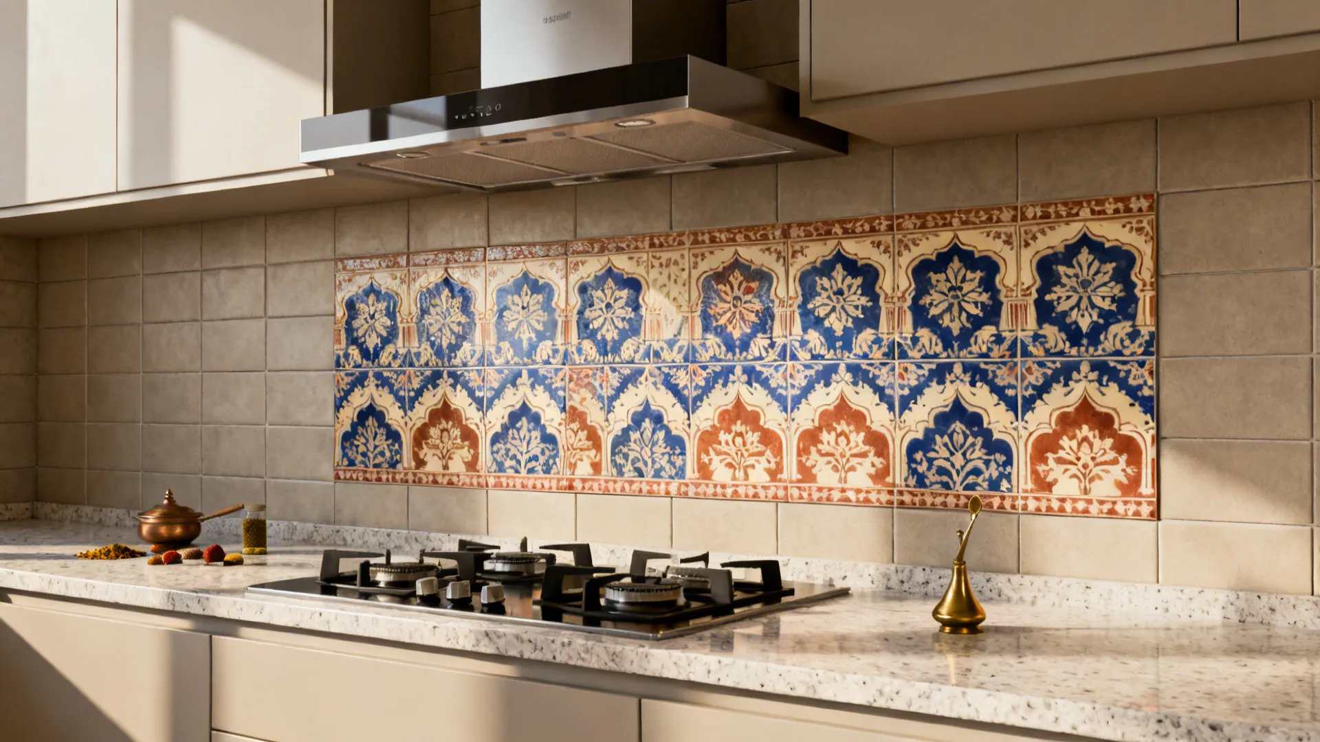 Rajasthani-inspired patterned porcelain panel behind a cooktop with neutral tiles around it.
