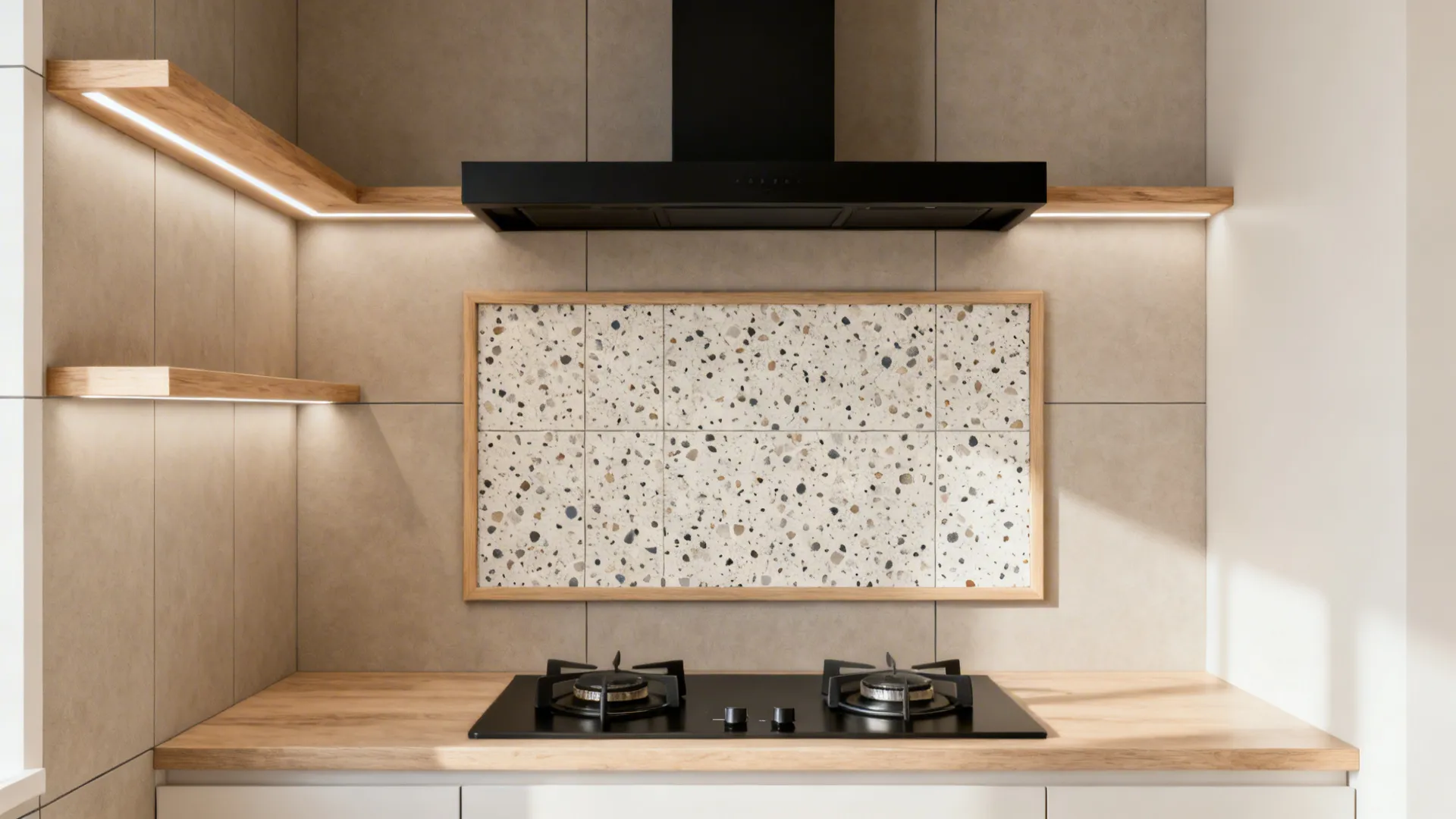 Feature panel of matte patterned porcelain behind a compact cooktop.