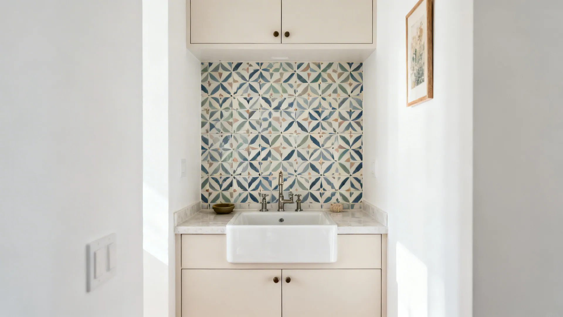 Small kitchen with a framed soft-toned patterned porcelain backsplash behind the sink.