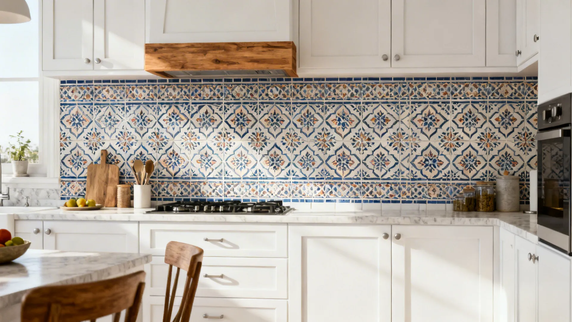 White kitchen with a Moroccan-patterned porcelain tile band as a focal backsplash