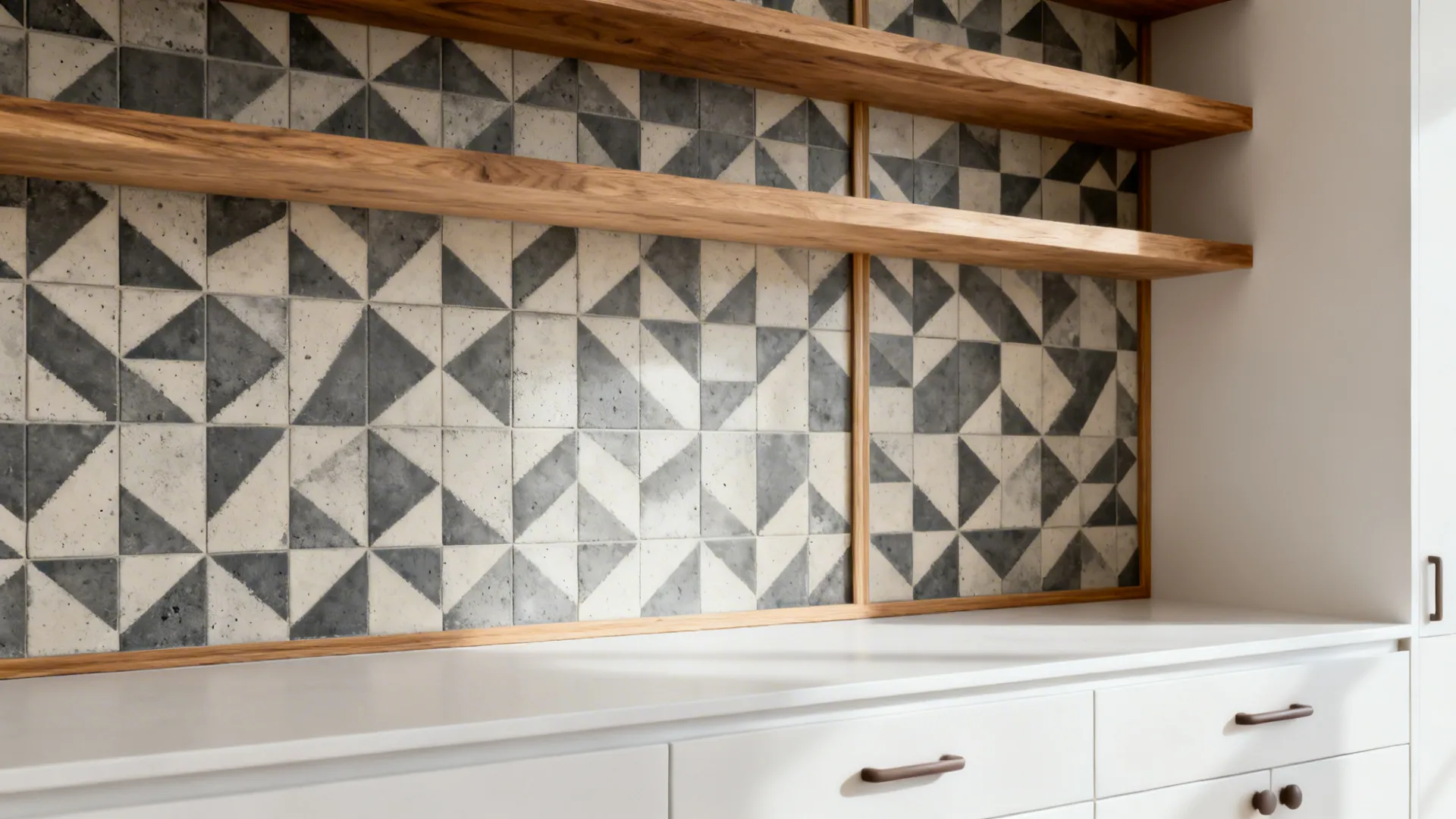 Charcoal and cream geometric cement-look porcelain feature wall behind open shelves in a small kitchen.