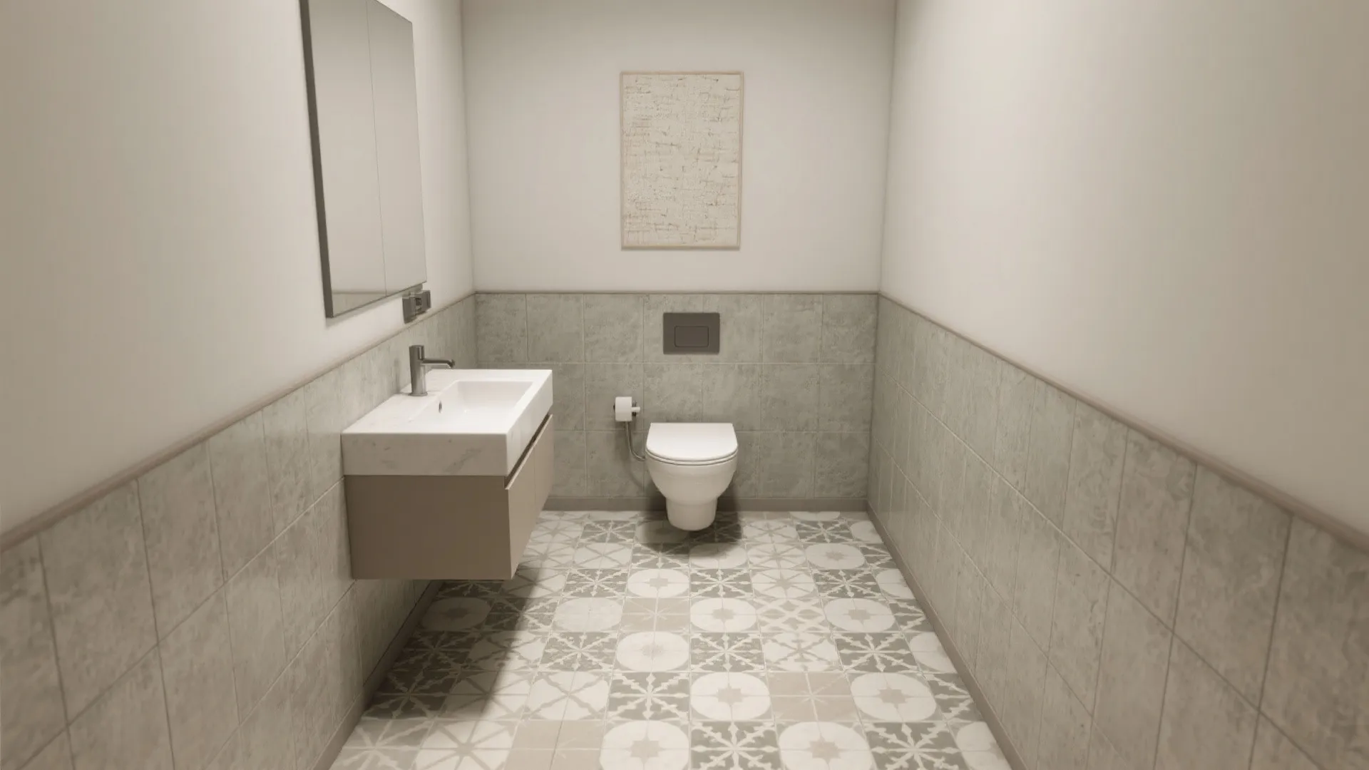 Minimalist bathroom interior showing grey wall panels patterned floor tiles white toilet and floating sink cabinet
