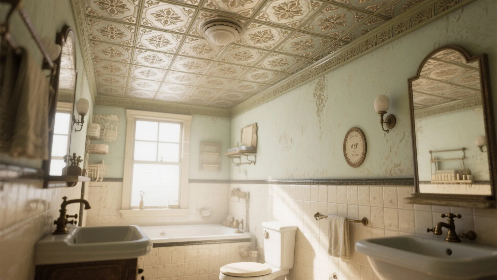 Vintage bathroom with patterned ceiling light green walls white toilet sink bathtub and wall light