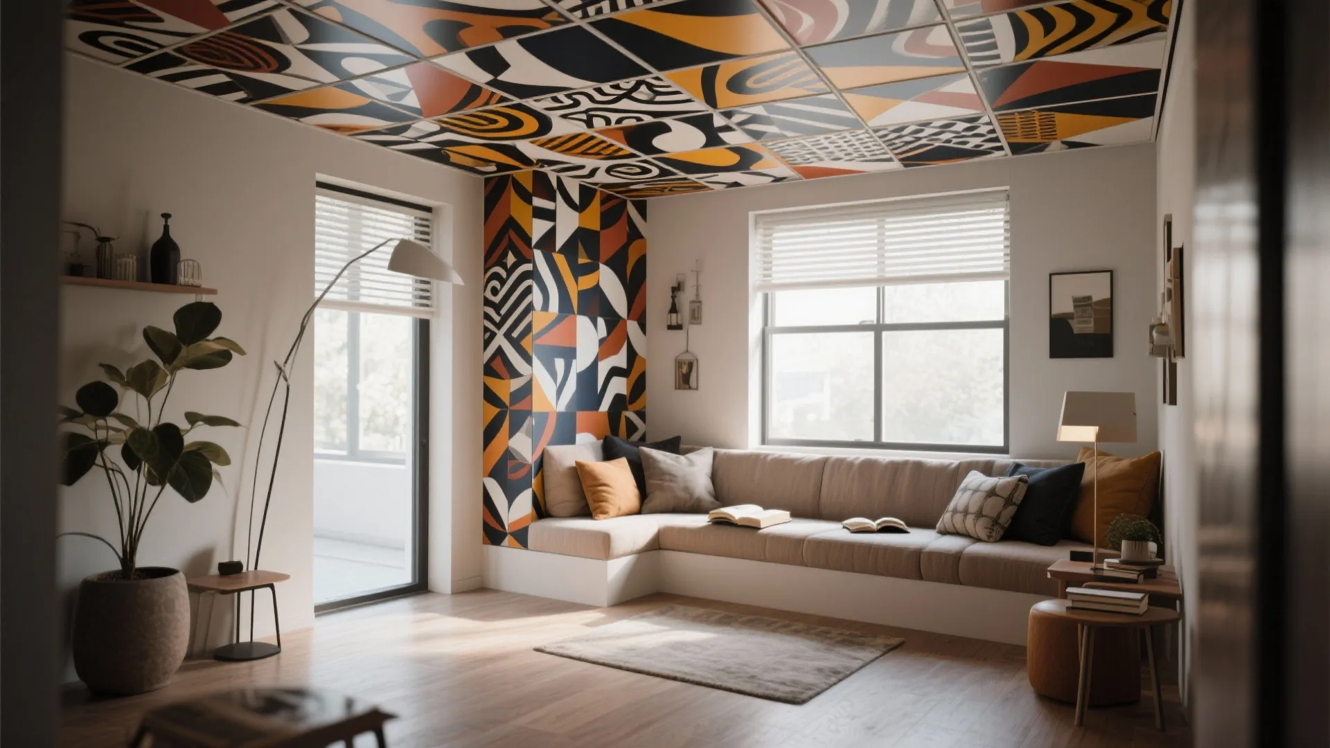 Modern living room featuring colorful patterned ceiling tiles large sofa green plant and natural window light