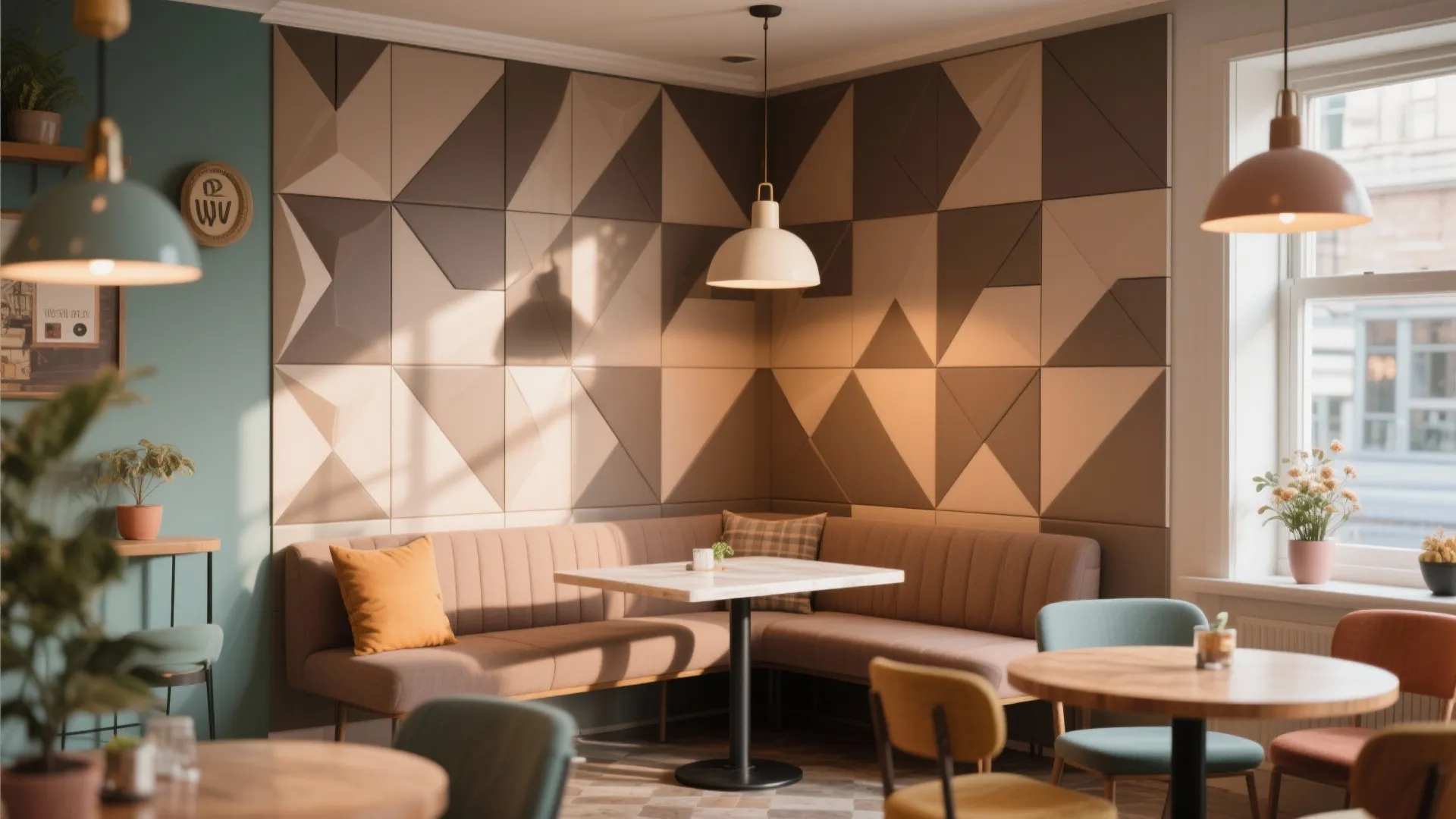 Coffee shop interior with triangle pattern wall panel brown sofa seating and white ceiling light