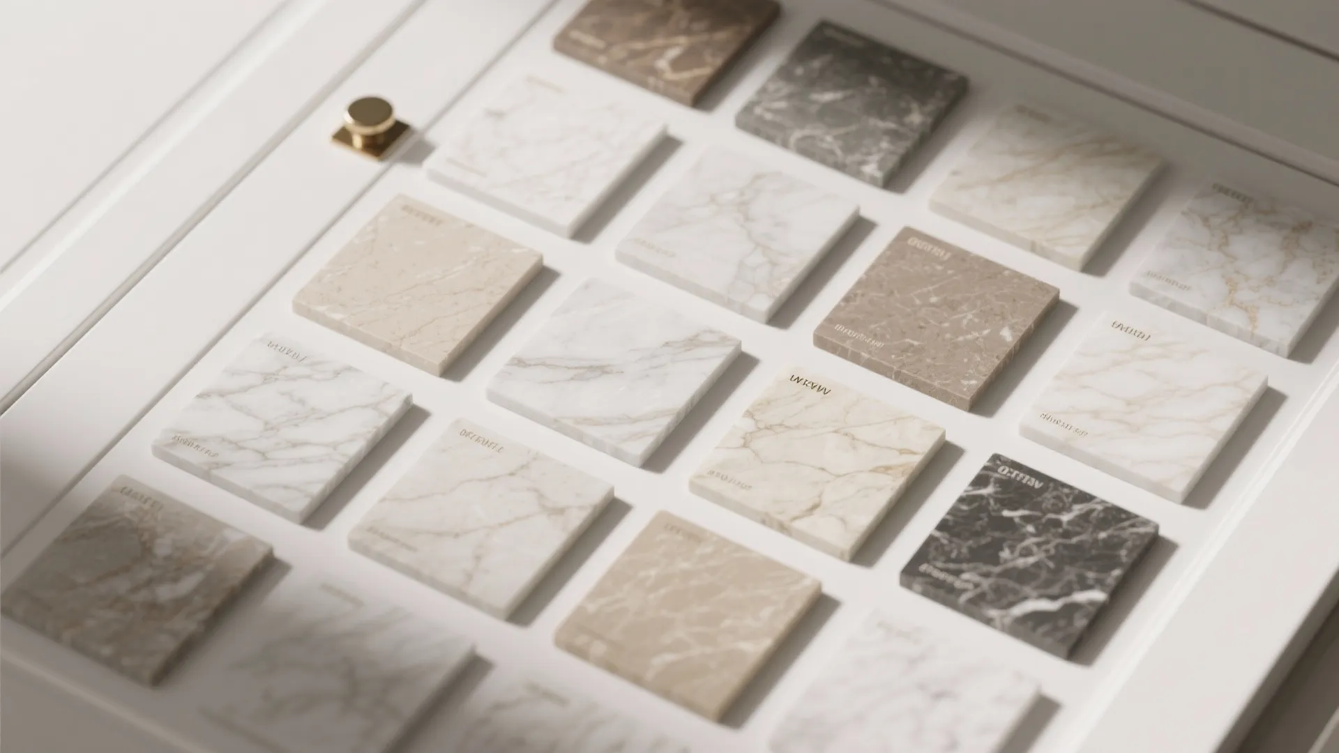 Collection of square marble and stone material samples in various colors for interior design projects