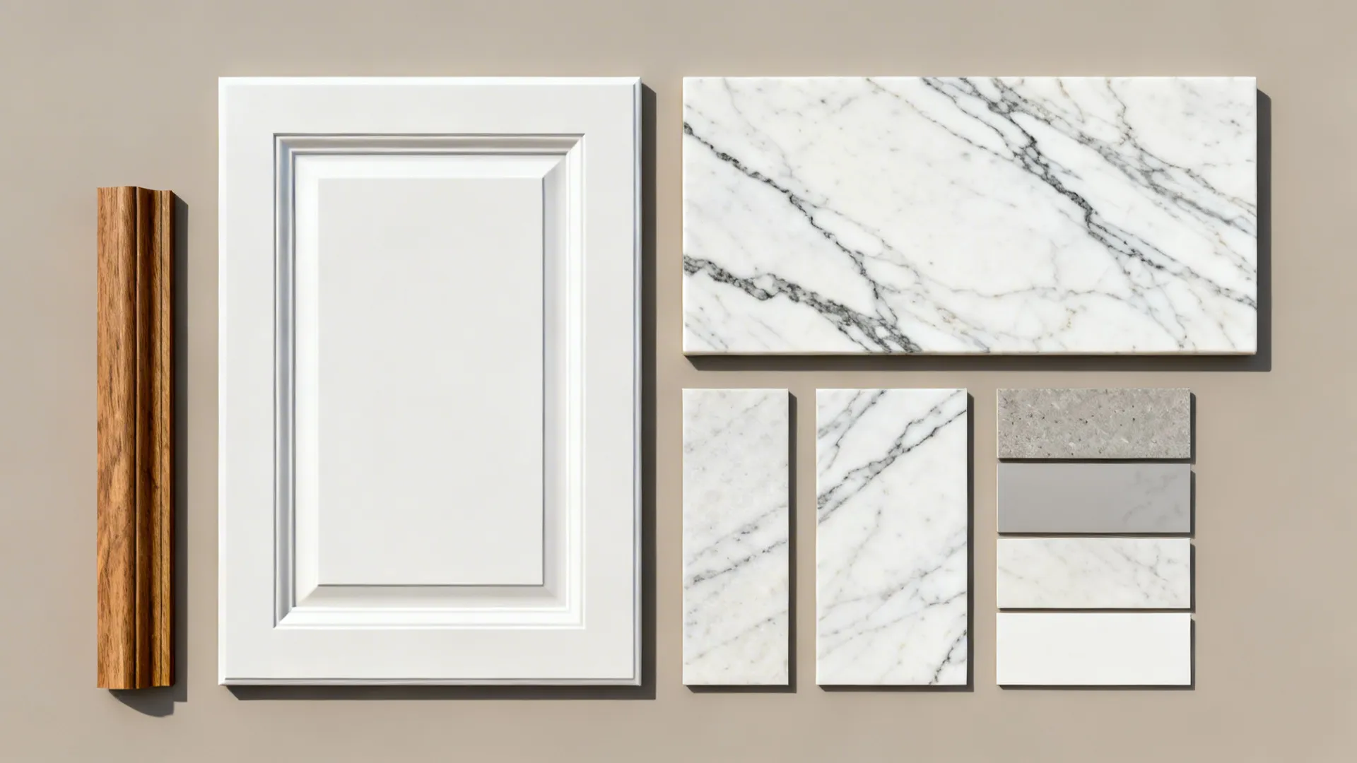 Flatlay of patterned veined quartz samples with a white cabinet door for scale and texture comparison.