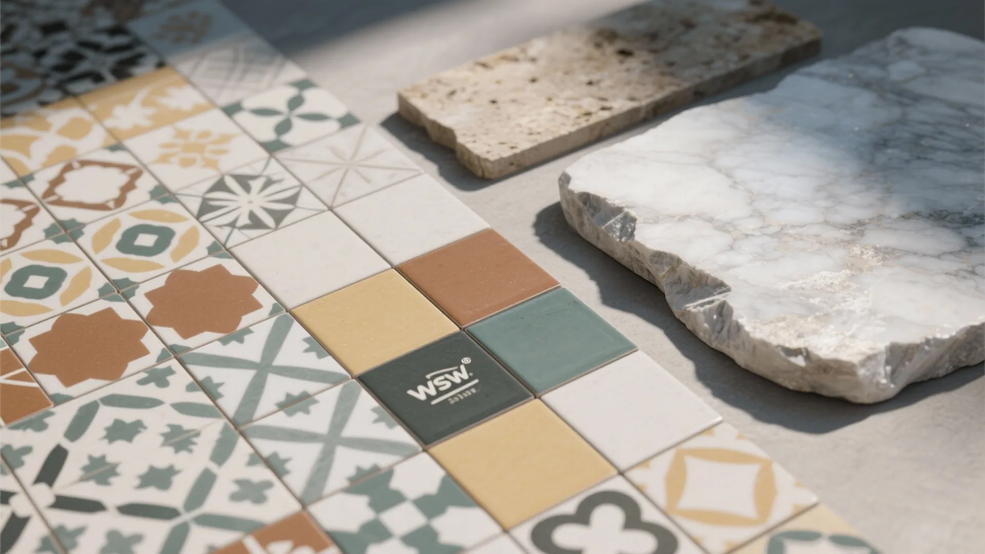 9. Patterned Ceramic Tiles with Quartzite