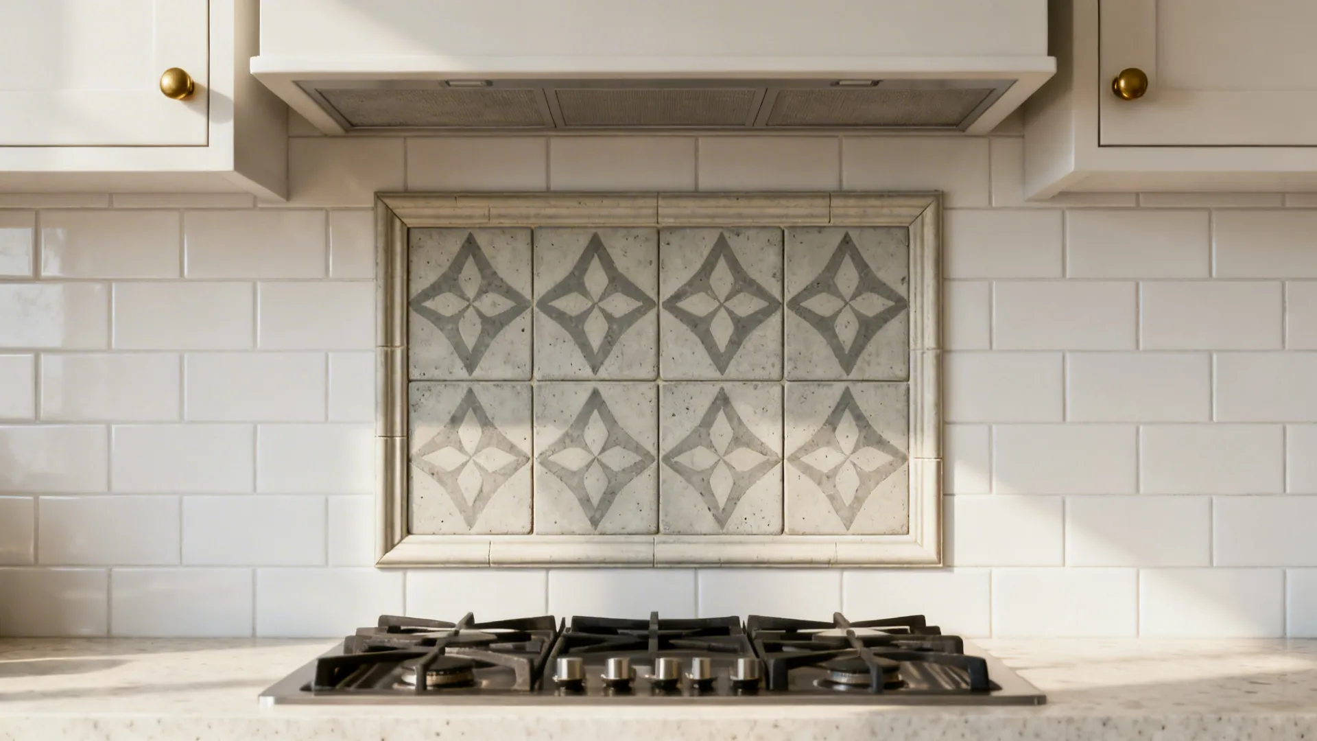 Kitchen gas stove with decorative patterned wall tiles surrounded by white tiles and white cabinets