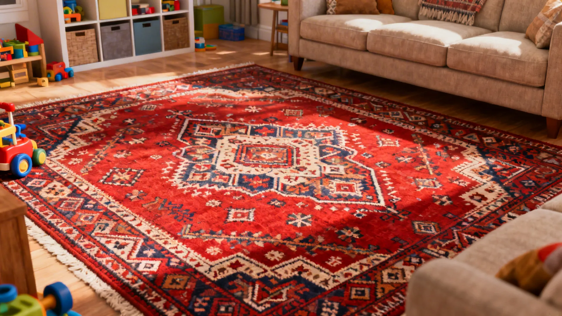 Traditional red patterned rug on wooden floor in playroom with beige sofa and toy shelves