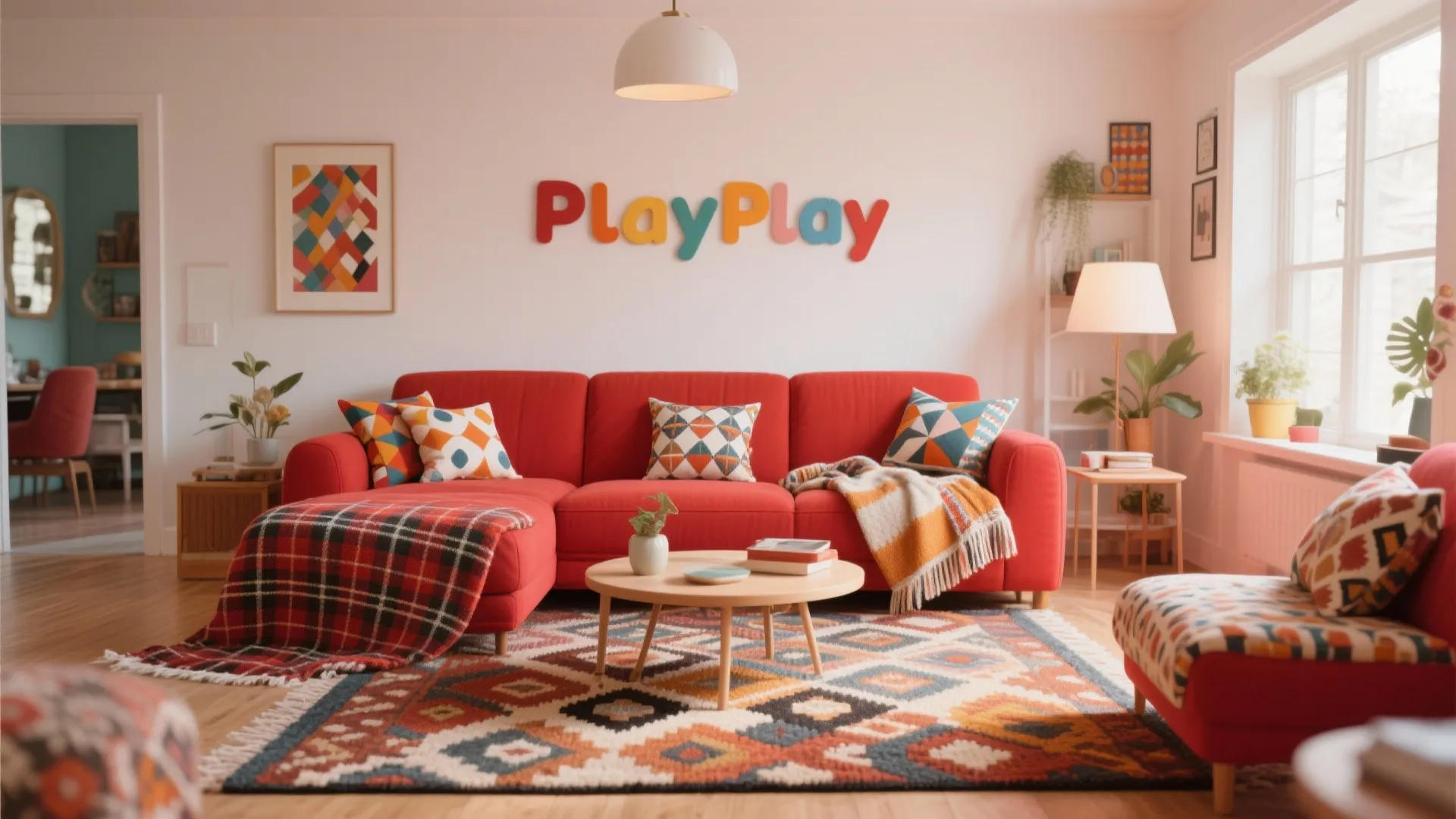 Bright living room featuring red sofa with patterned pillows over a colorful geometric area rug