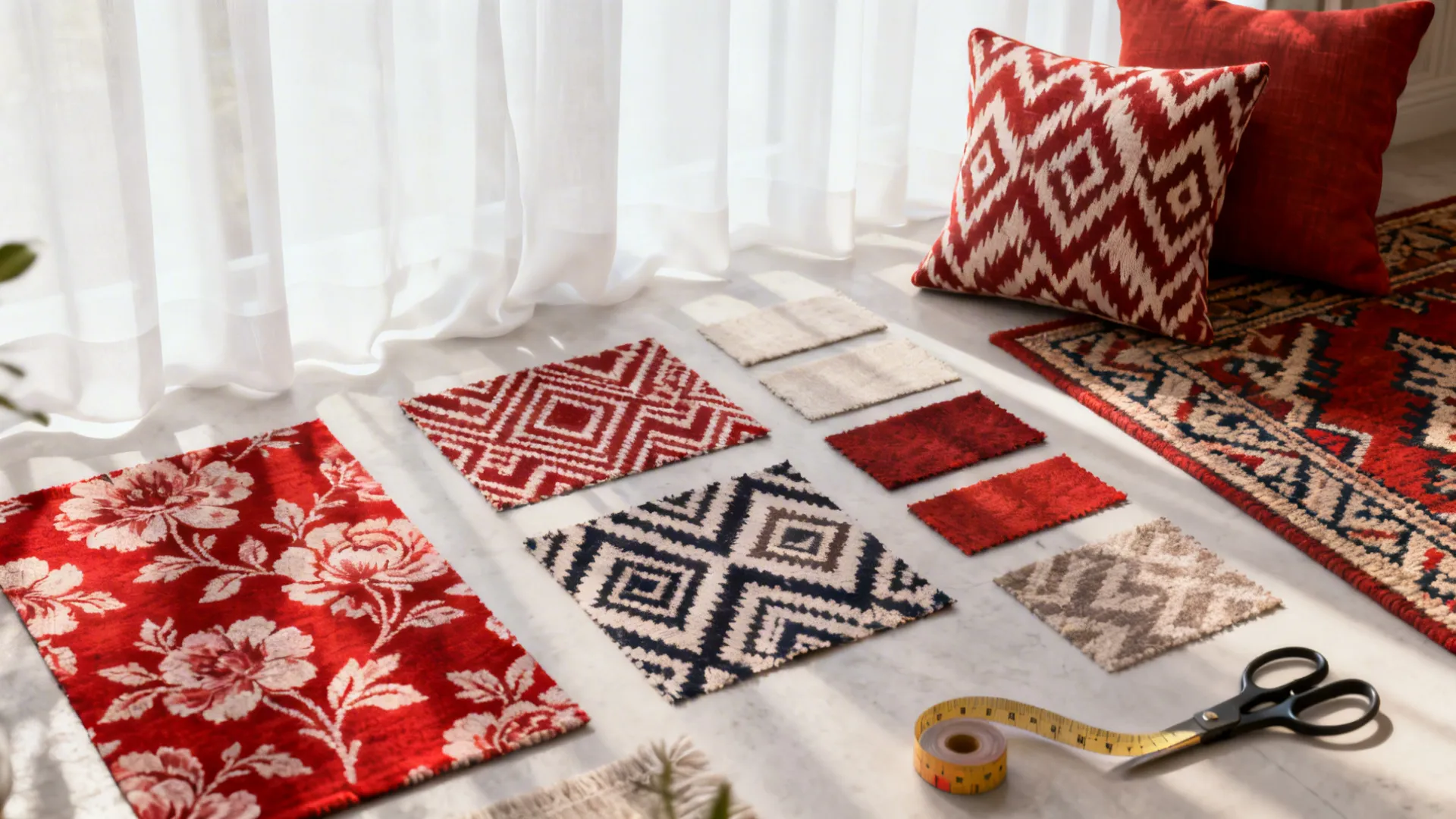 Flatlay of white fabric with red motifs and coordinating swatches for curtains and cushions.