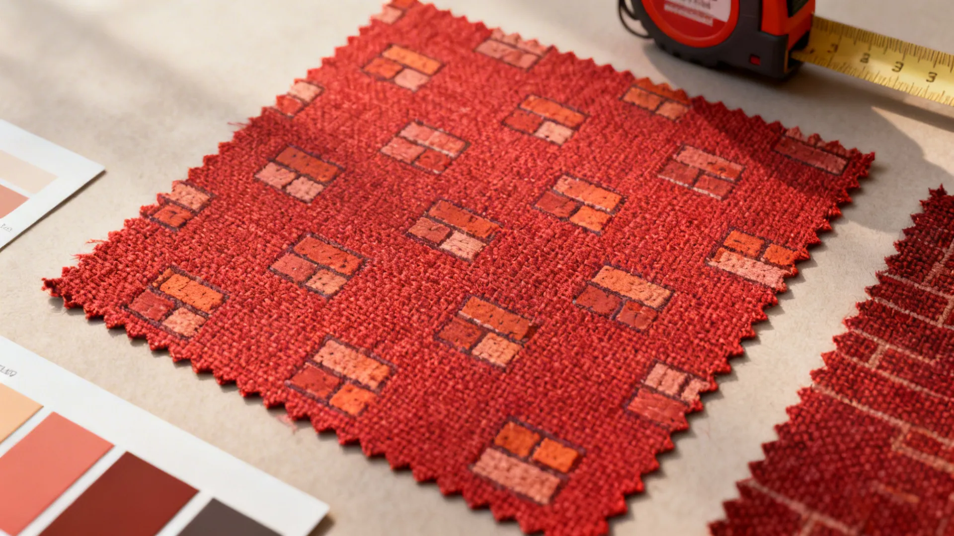 Flatlay of patterned red upholstery swatches and color chips for durable chairs