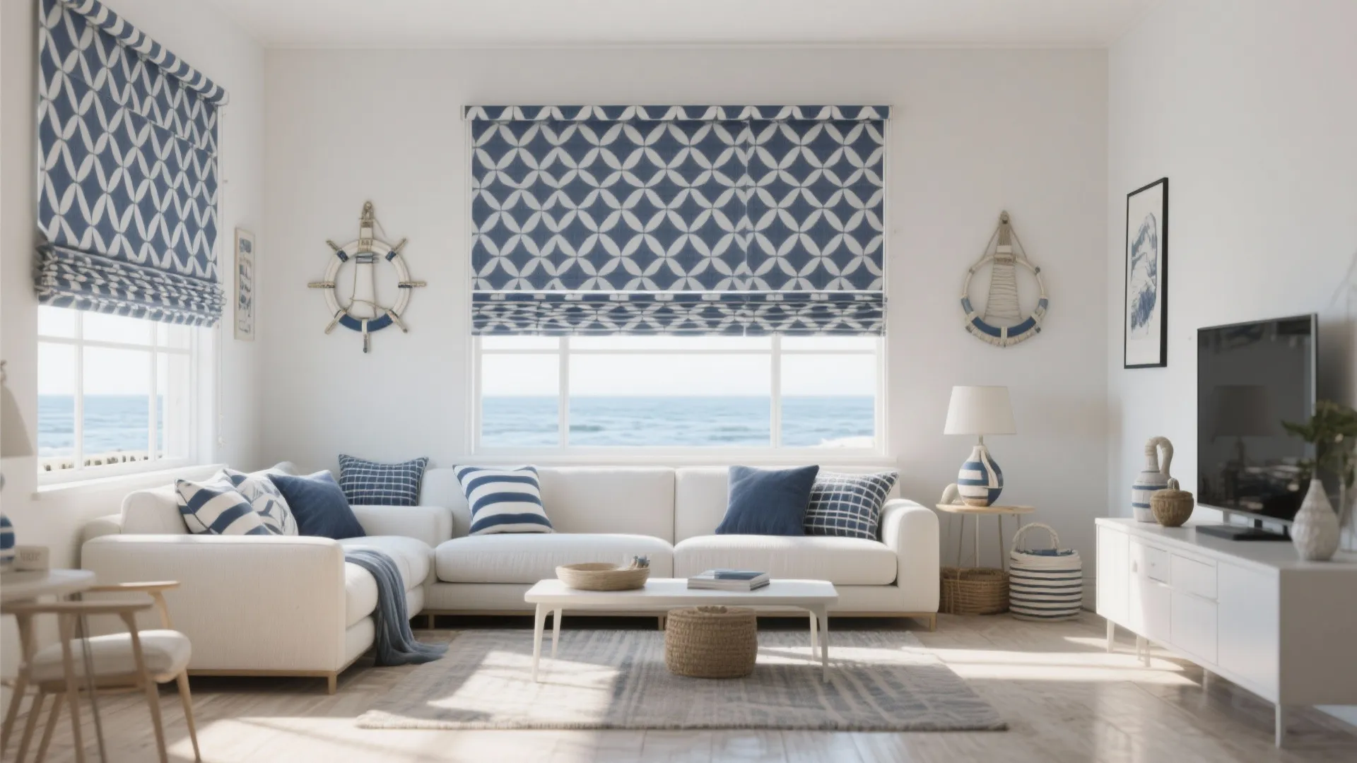 Navy and white patterned roller blinds in a bright coastal living room
