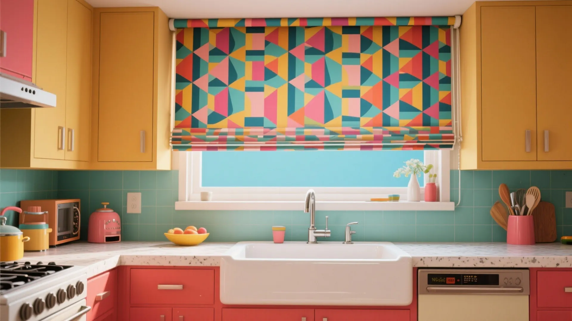 Colorful geometric patterned roller blind above white sink in kitchen with yellow cabinets and pink details