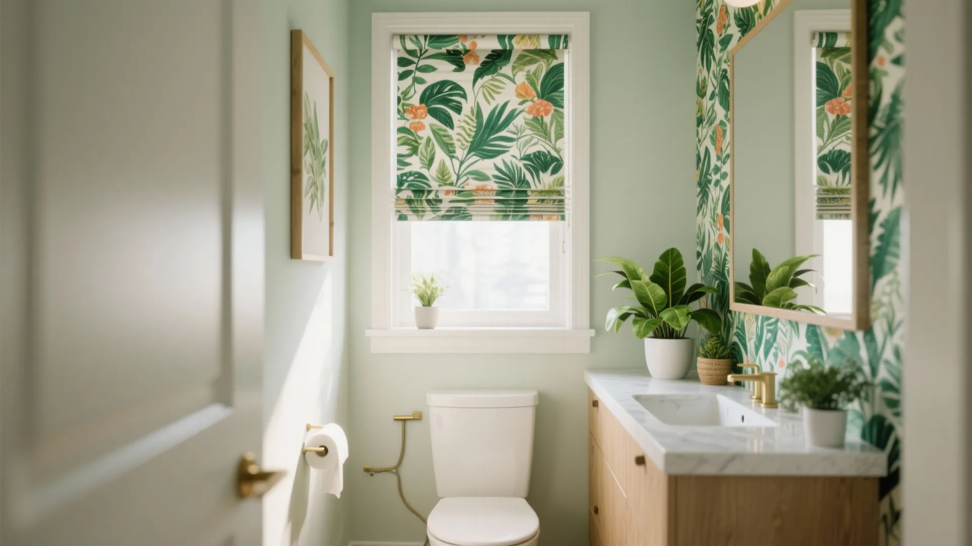 Modern green bathroom featuring floral patterned window curtain with tropical leaf wallpaper and white wooden cabinet