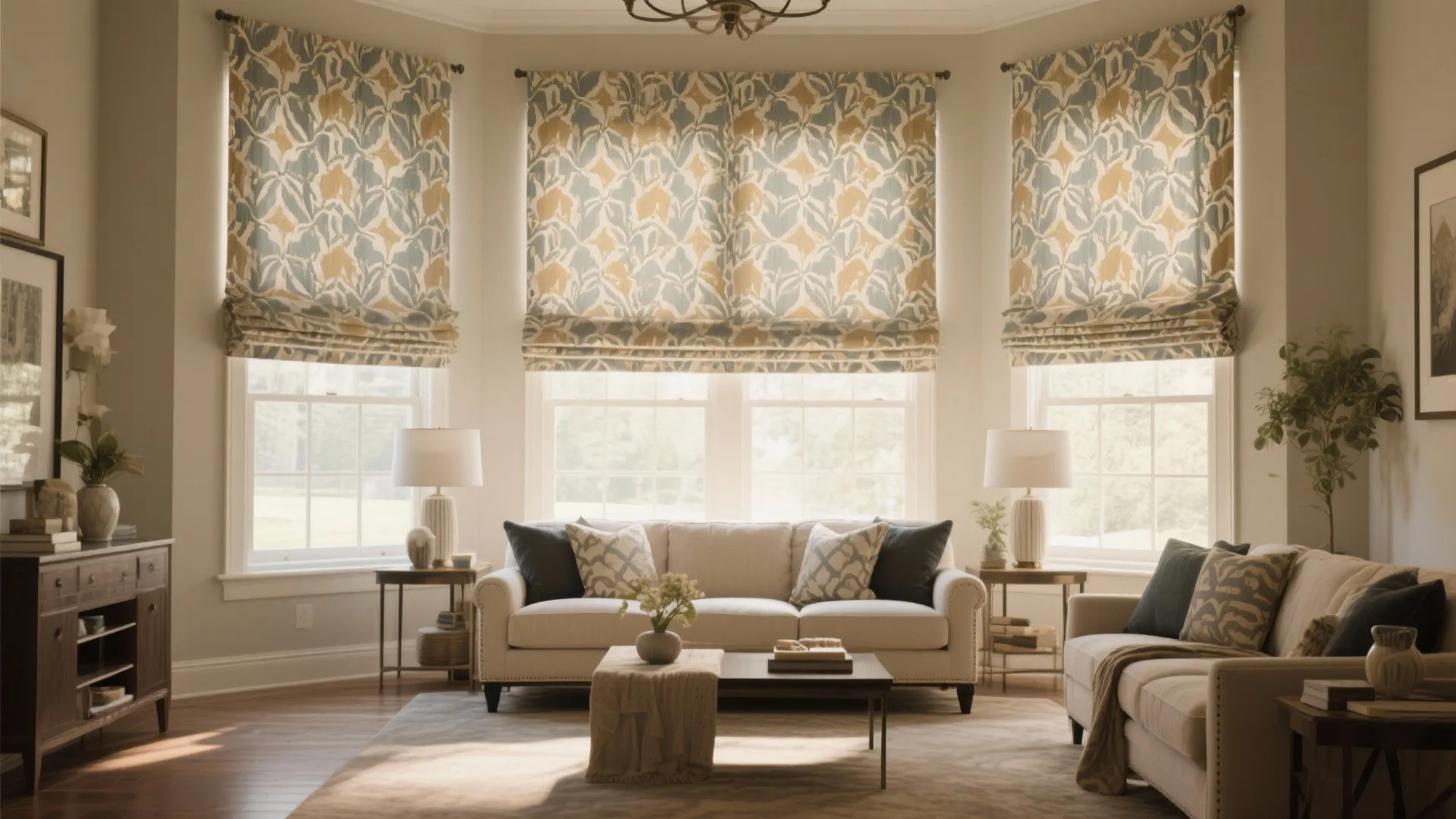 Living room with bold patterned Roman shades on tall windows