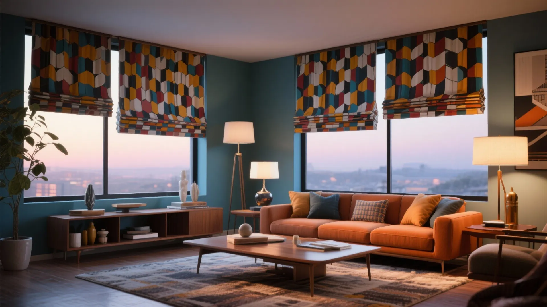 Modern living room with colorful patterned window blinds orange sofa wood coffee table and floor lamps