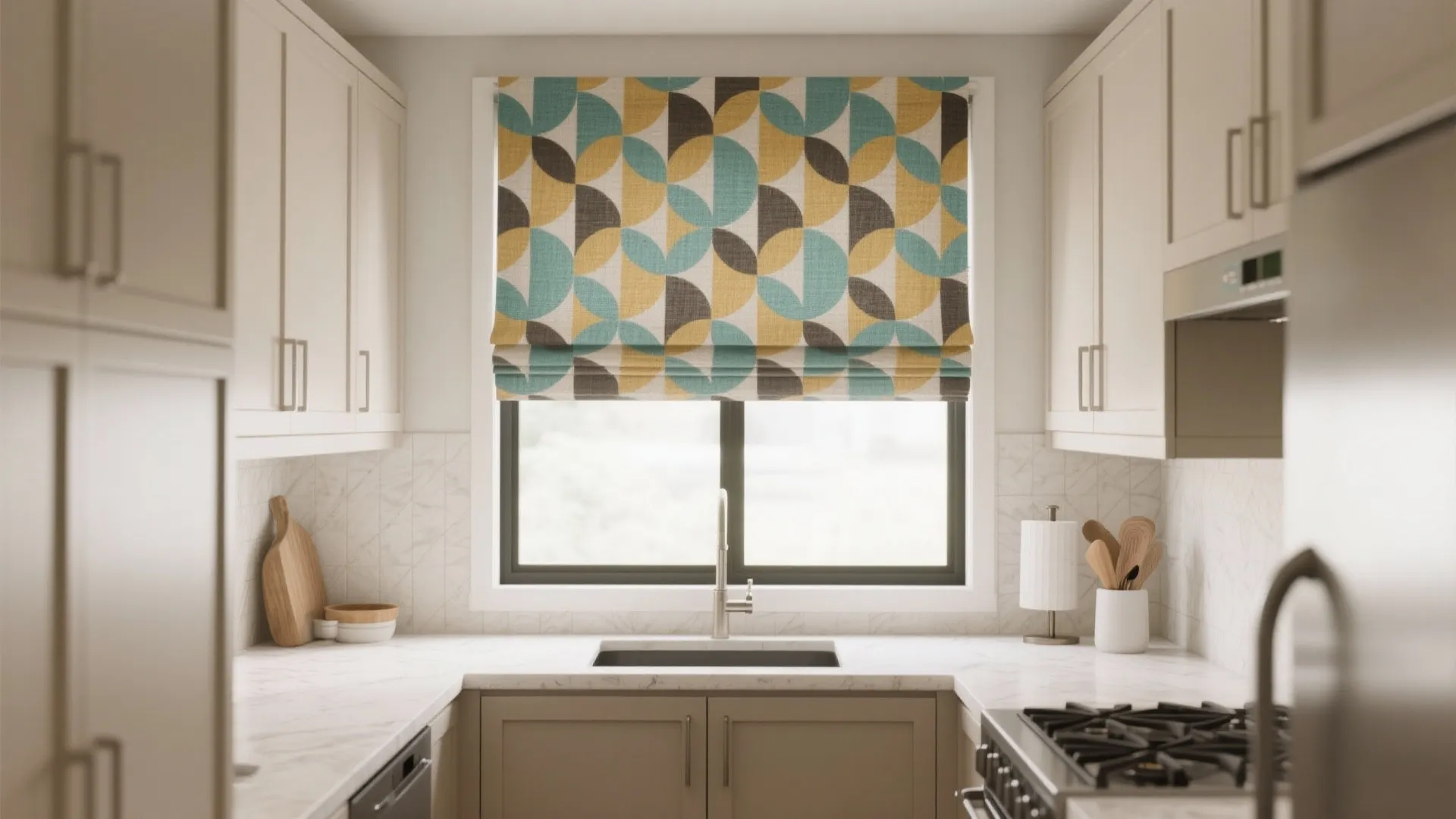 Bold patterned roman shades in a small modern kitchen