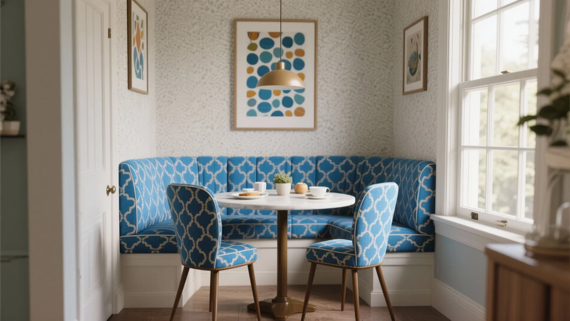 5. Go bold in a small dining nook with patterned backs