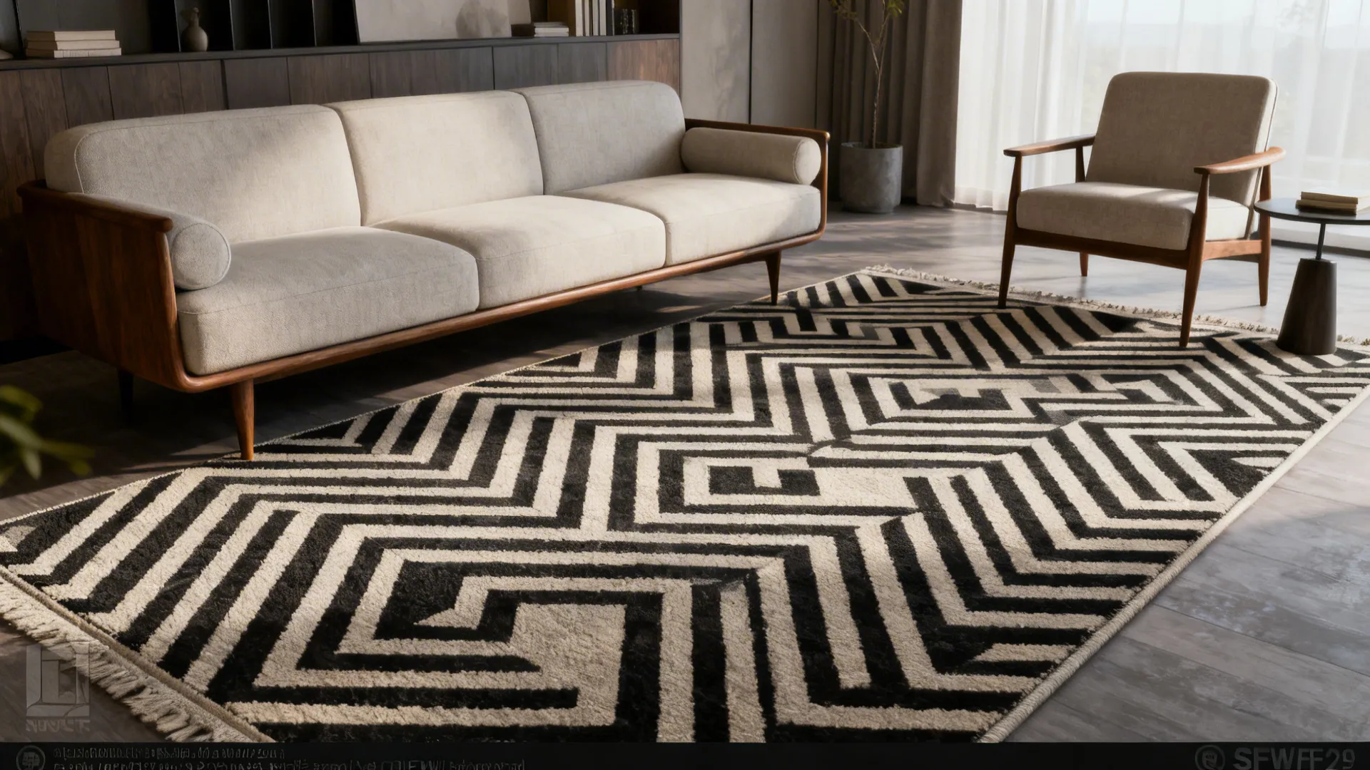 Minimalist living room with a bold geometric patterned rug anchoring the seating