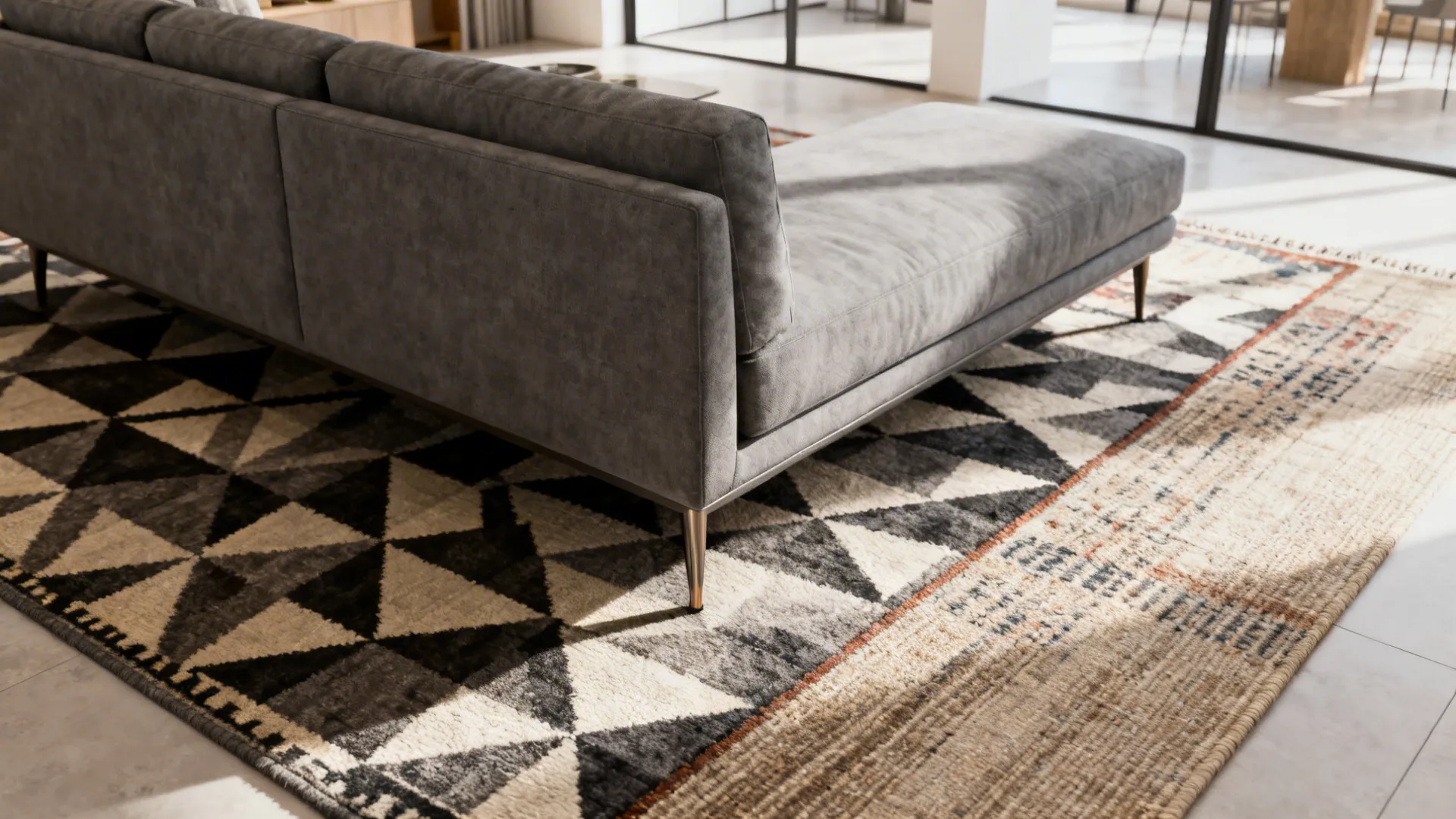 Gray sofa placed on a geometric patterned rug that defines the seating area