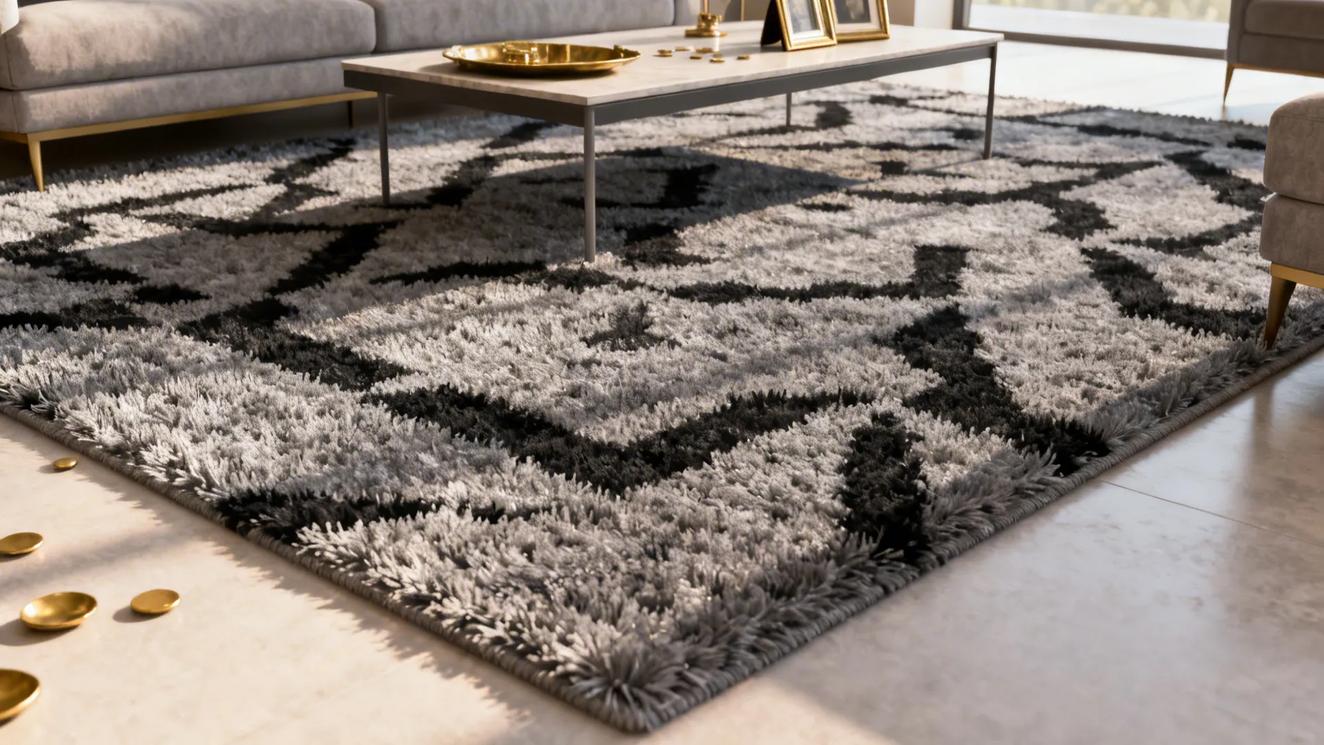 Seating area anchored by a grey and black patterned rug with gold accents