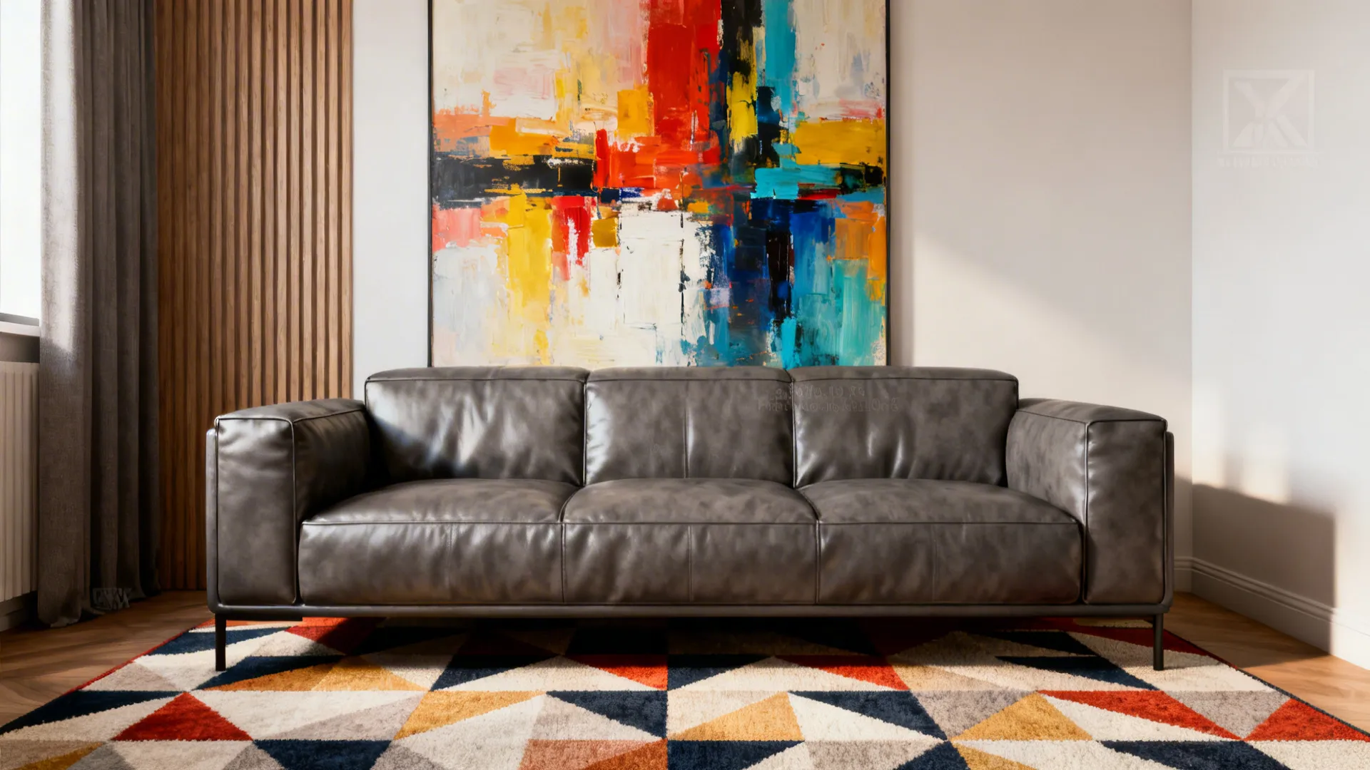 Grey leather couch contrasted with a geometric rug and large abstract artwork.