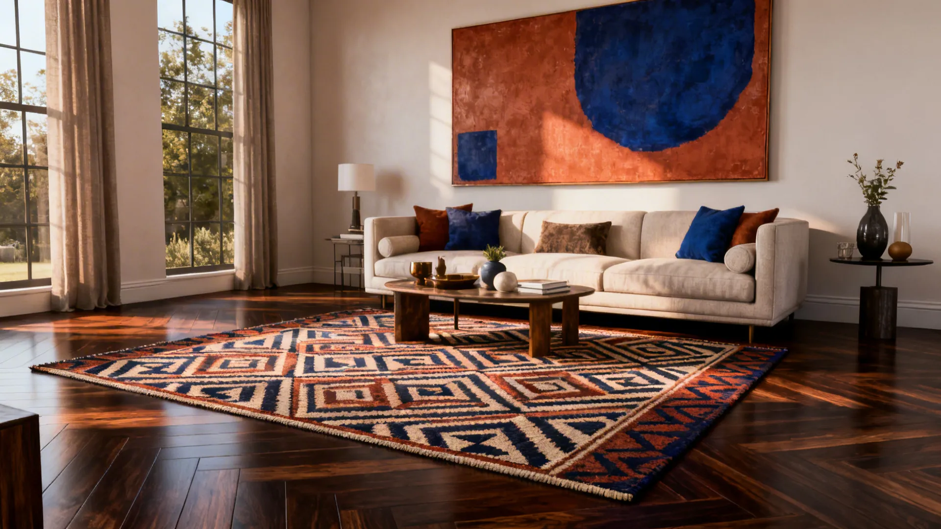 Living area with a geometric rug and oversized artwork on dark hardwood floors.