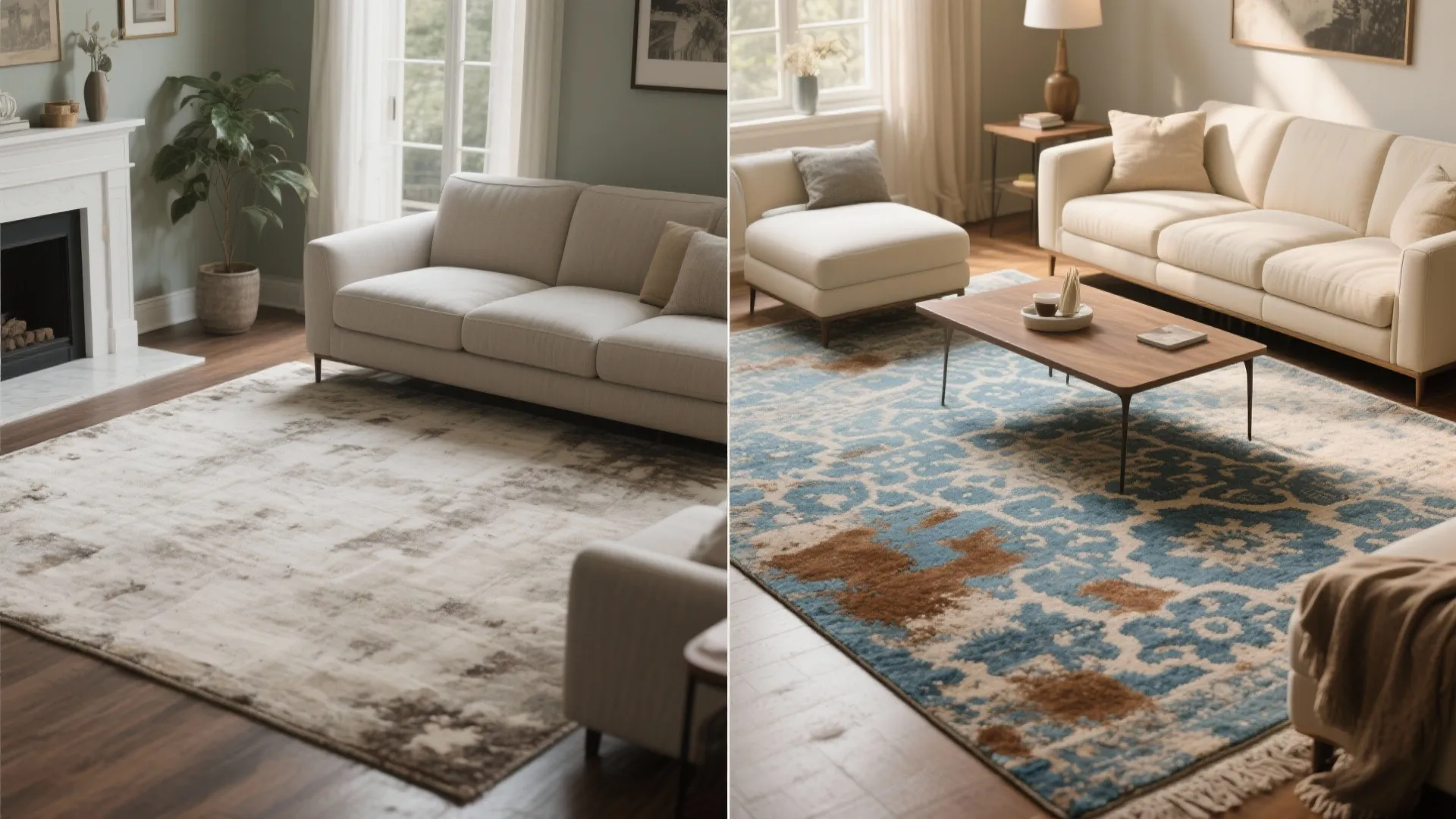 Before and after comparison showing a living room with plain rug versus colorful patterned rug