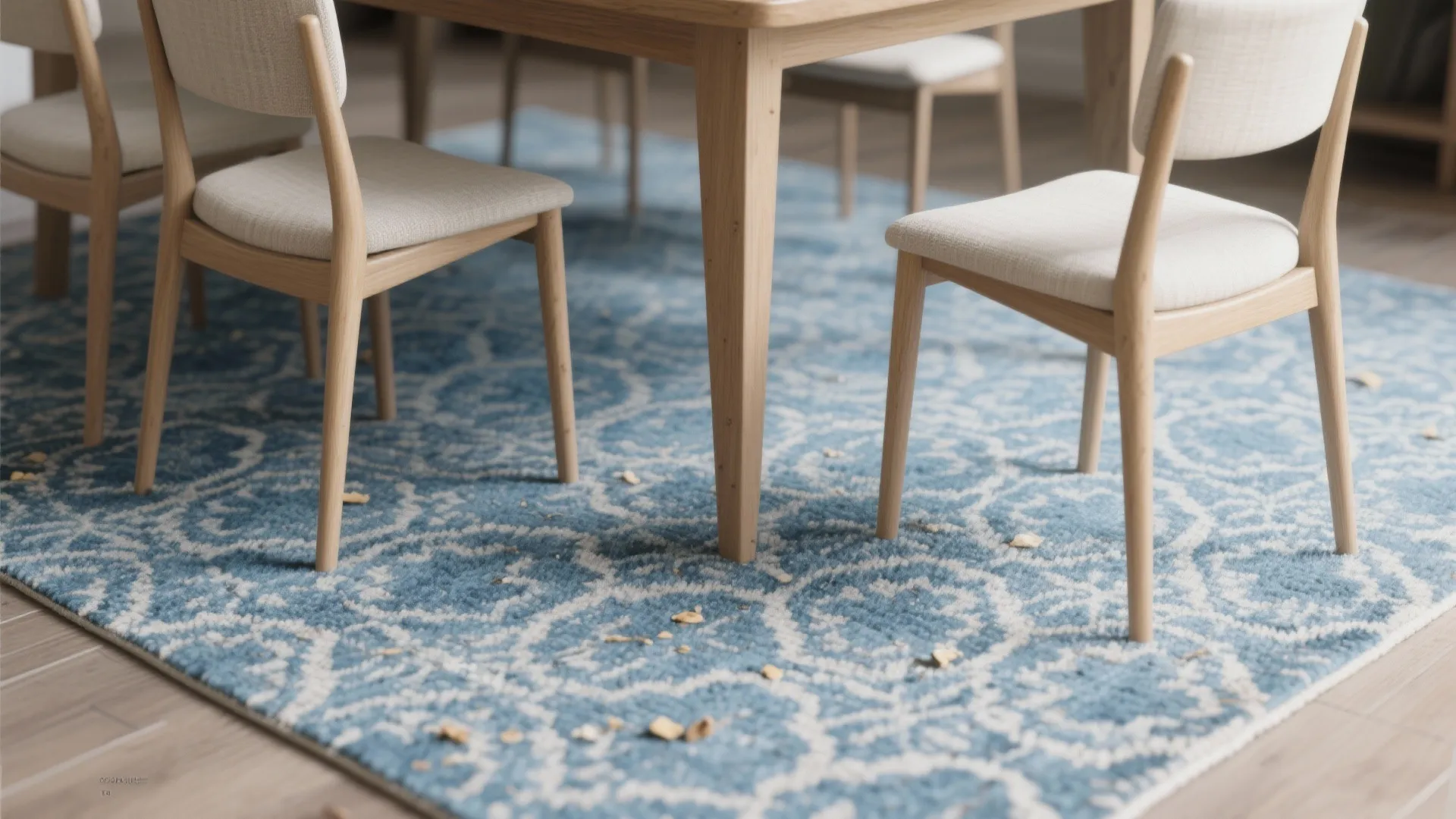 3. Patterned Blue Rug with Neutral Chairs for Contrast