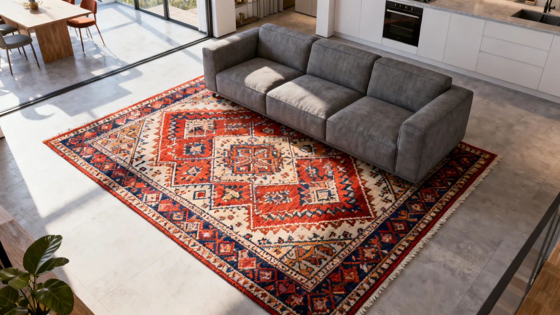 Open-plan living area with a bold patterned rug anchoring a grey sofa and defining the seating zone.