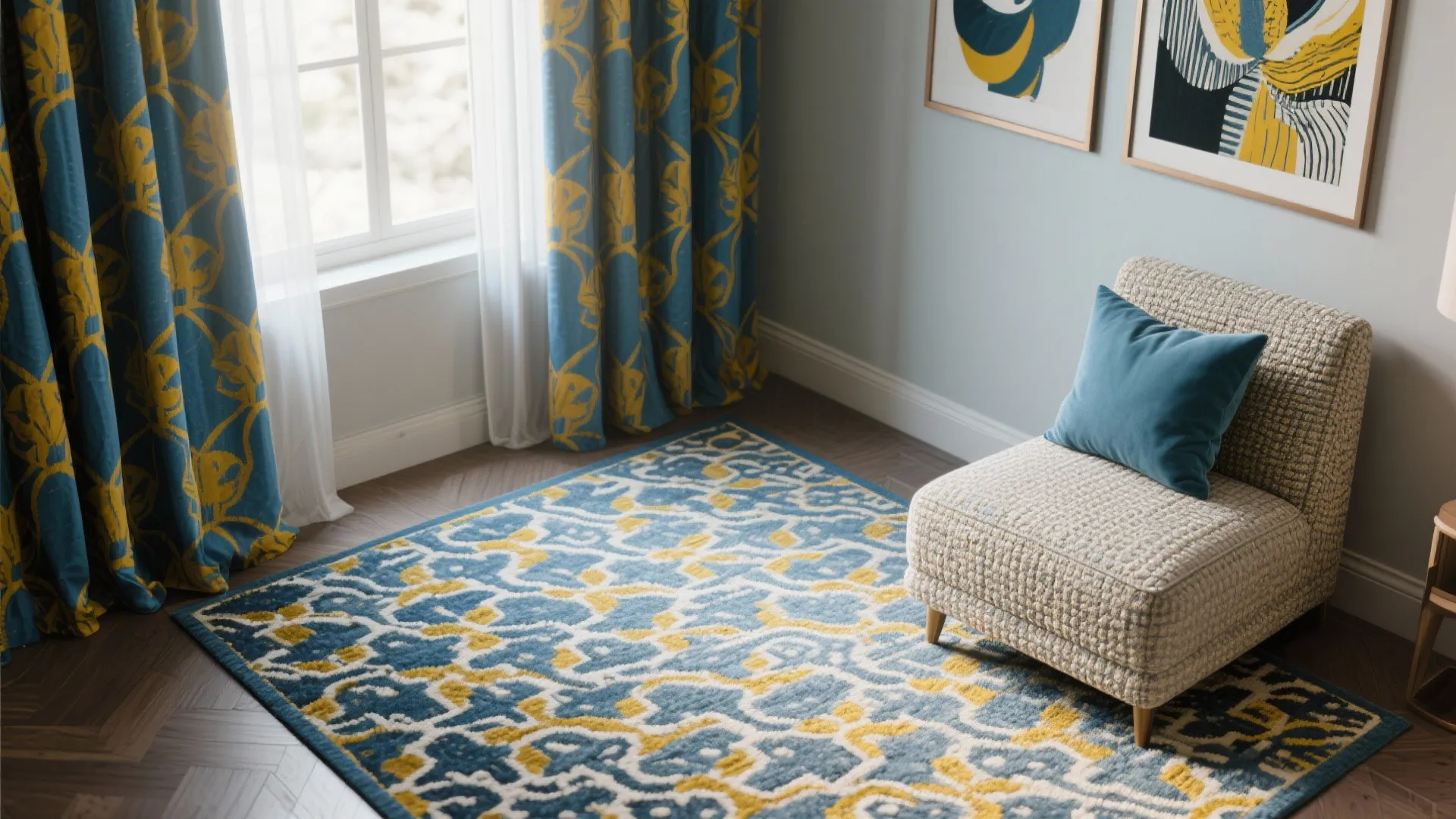 3. Blue-and-yellow pattern play: rugs, curtains, and art