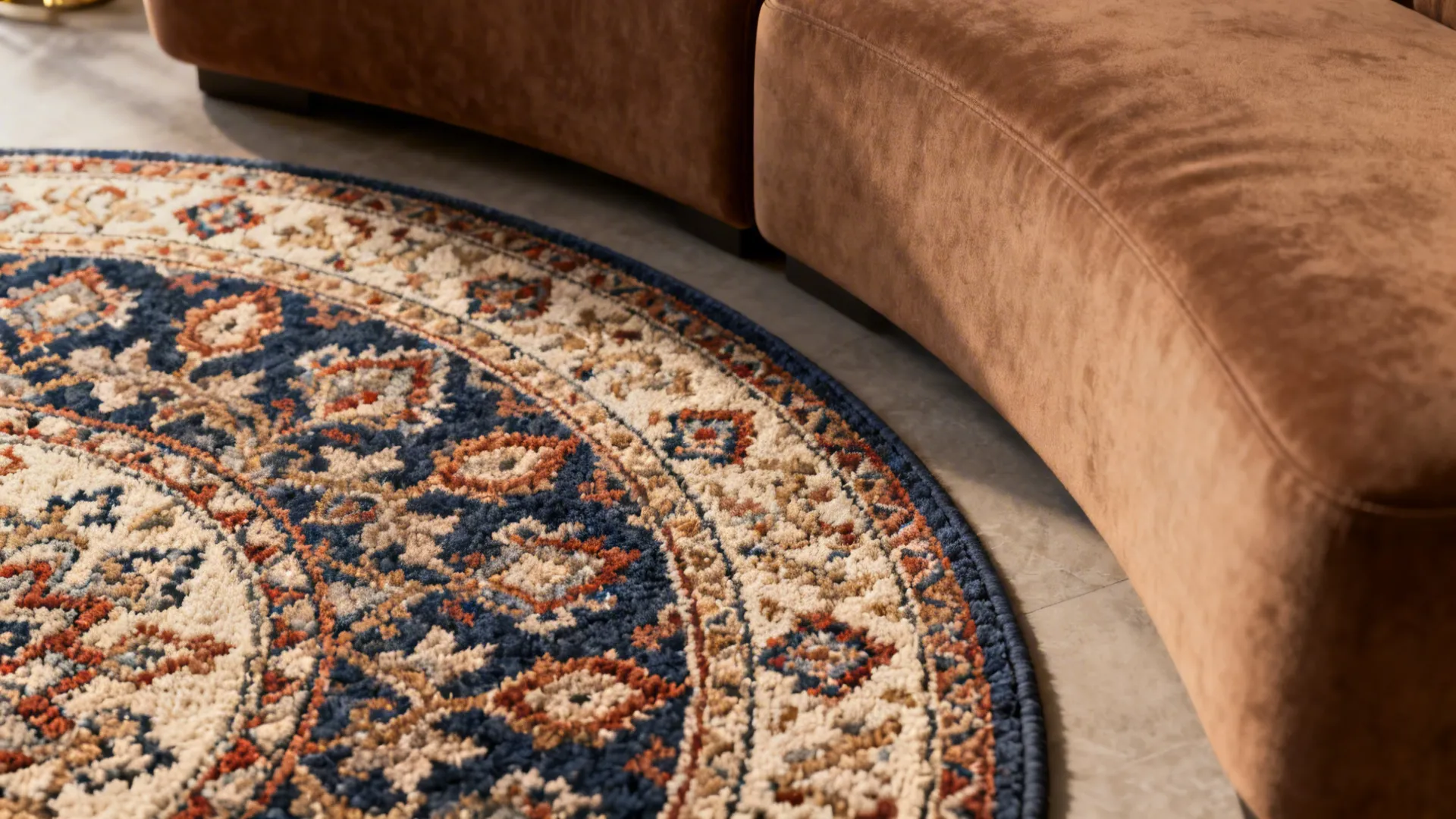 Macro detail of a patterned round rug beside solid furniture showing scale and texture.