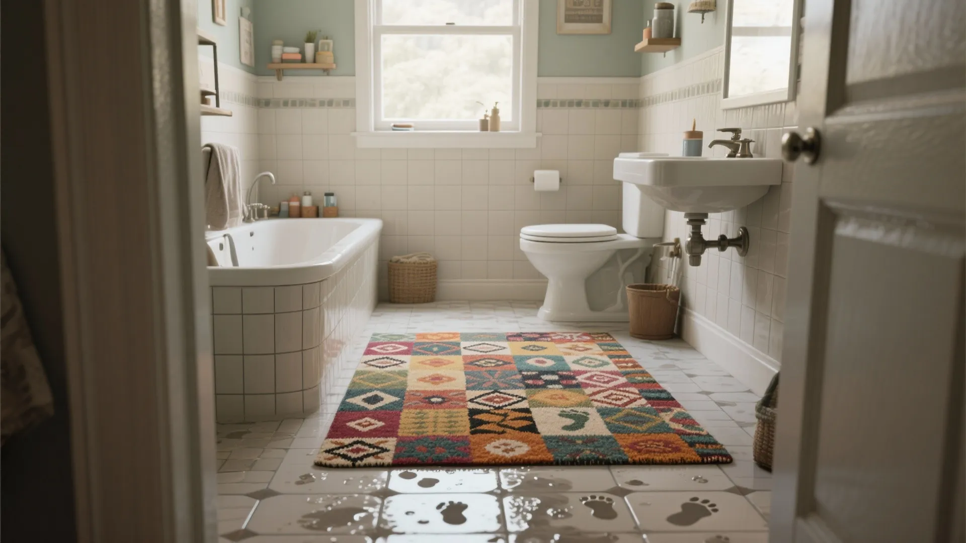 2. Use patterned rugs to hide wear and water marks