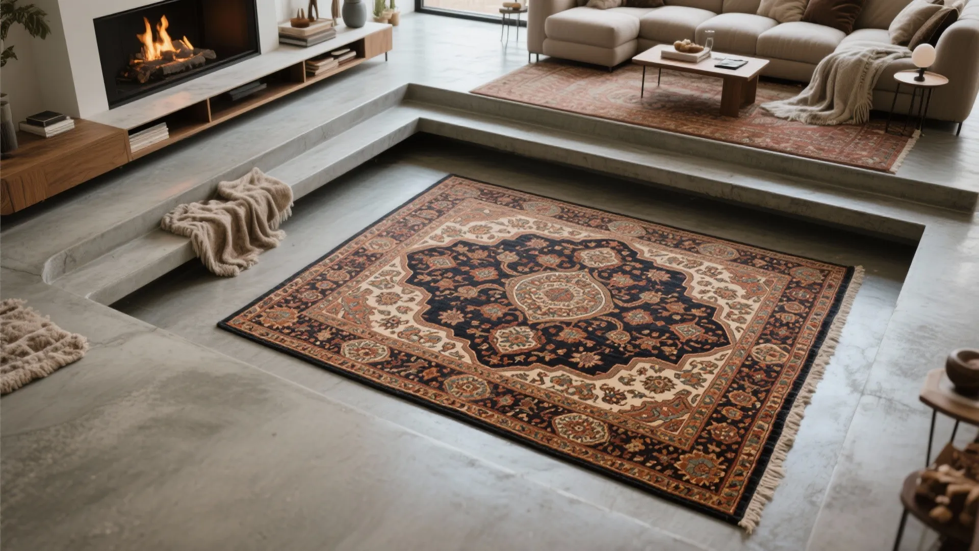 Sunken living room with a large patterned rug on concrete floor near a warm indoor fireplace