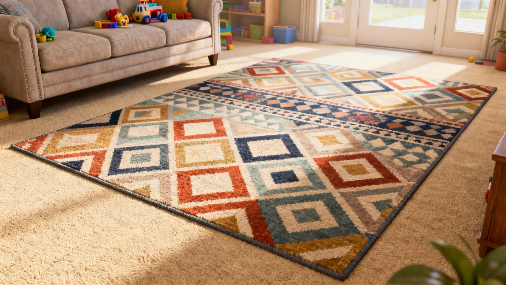 Family living room with a geometric patterned rug layered over beige carpet to disguise stains and add personality